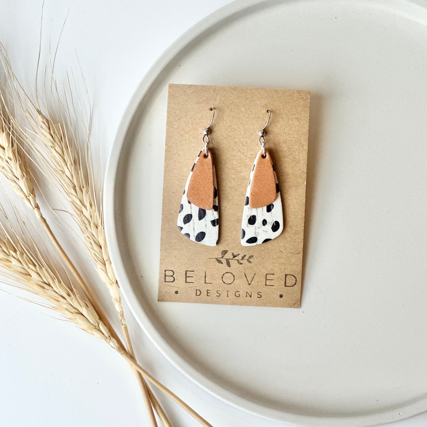 Dalmatian Cork + Natural Leather Drop Leaf Earrings