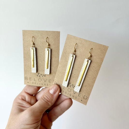 Cream Leather Bar + Gold Bar Earrings