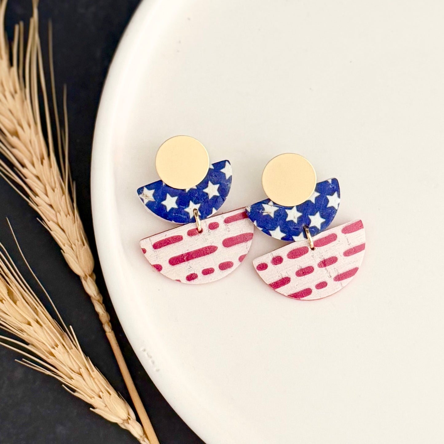 Cork Leather Double Half Circle Earrings | Stars + Dotted Stripes