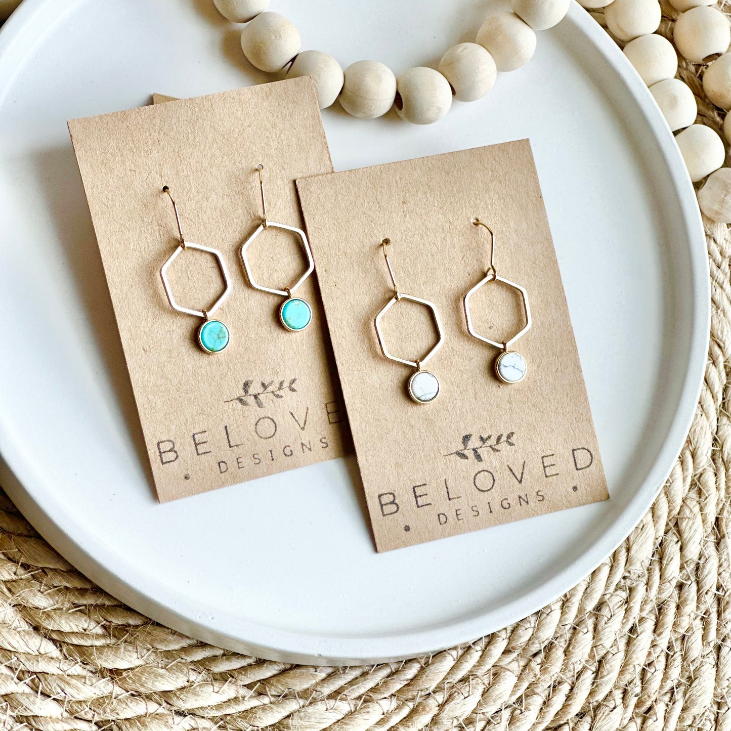 Gold Hexagon + Howlite Earrings