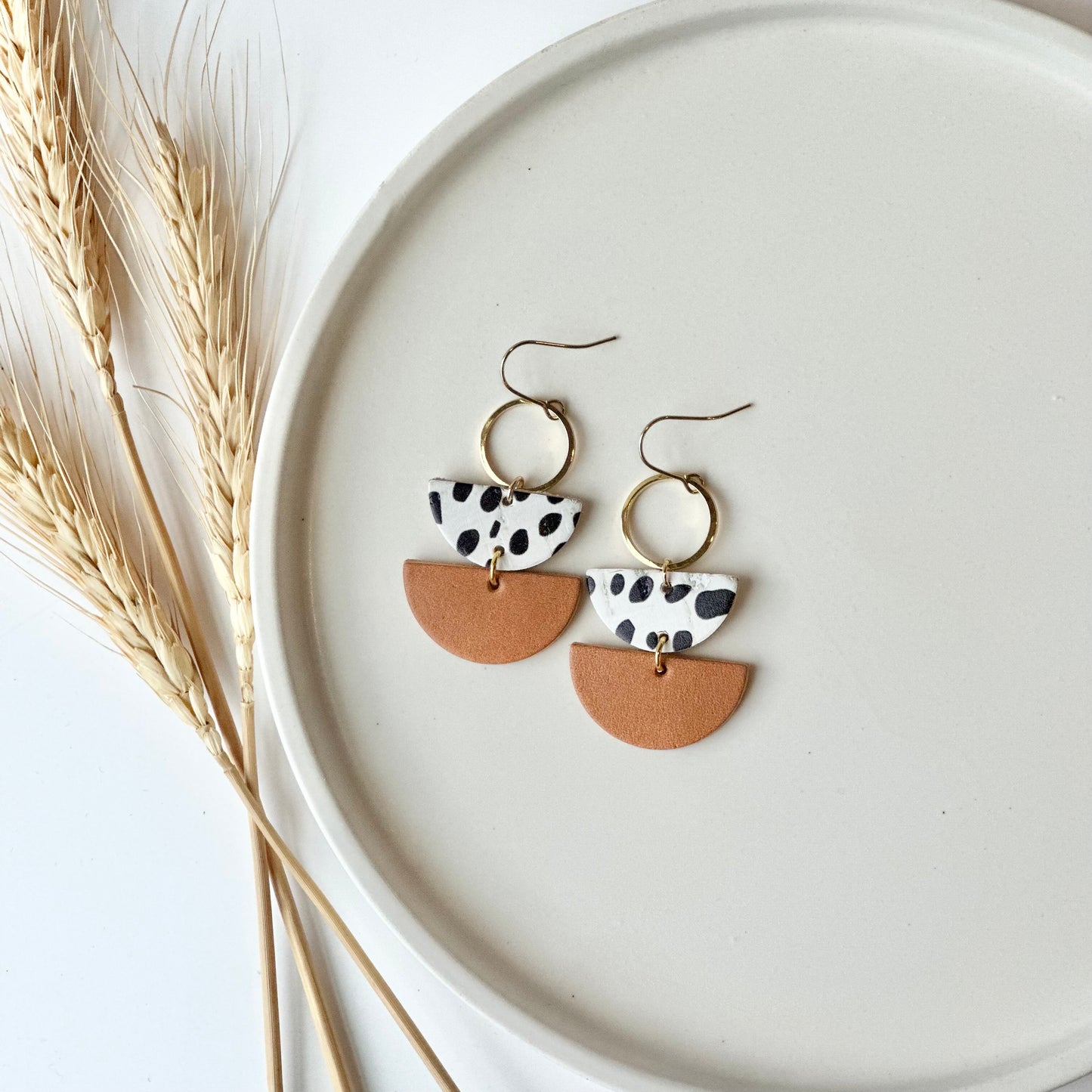 Dalmatian + Natural Leather Half Circle + Hoop Earrings