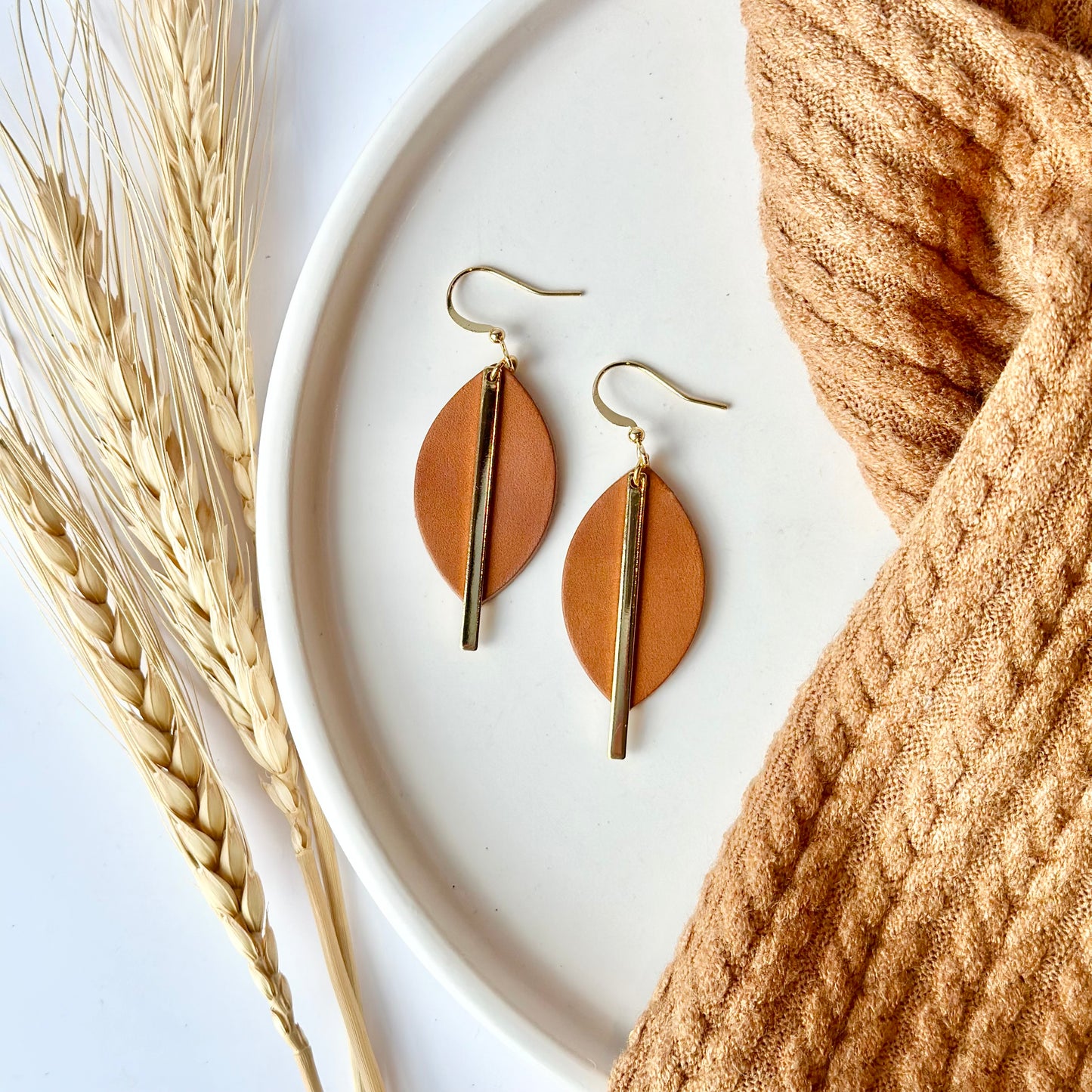 Cognac Leather Leaf Gold Bar Earrings - Main Image