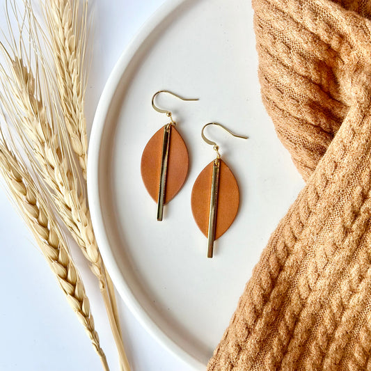 Cognac Leather Leaf + Gold Bar Earrings