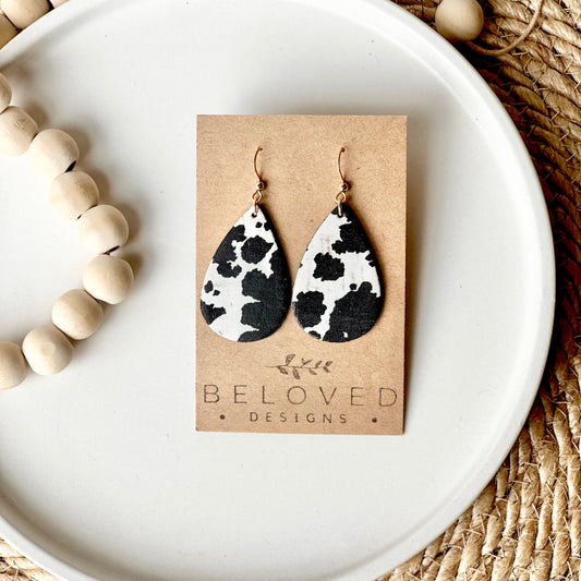 Cow Print Cork Leather Teardrop Earrings