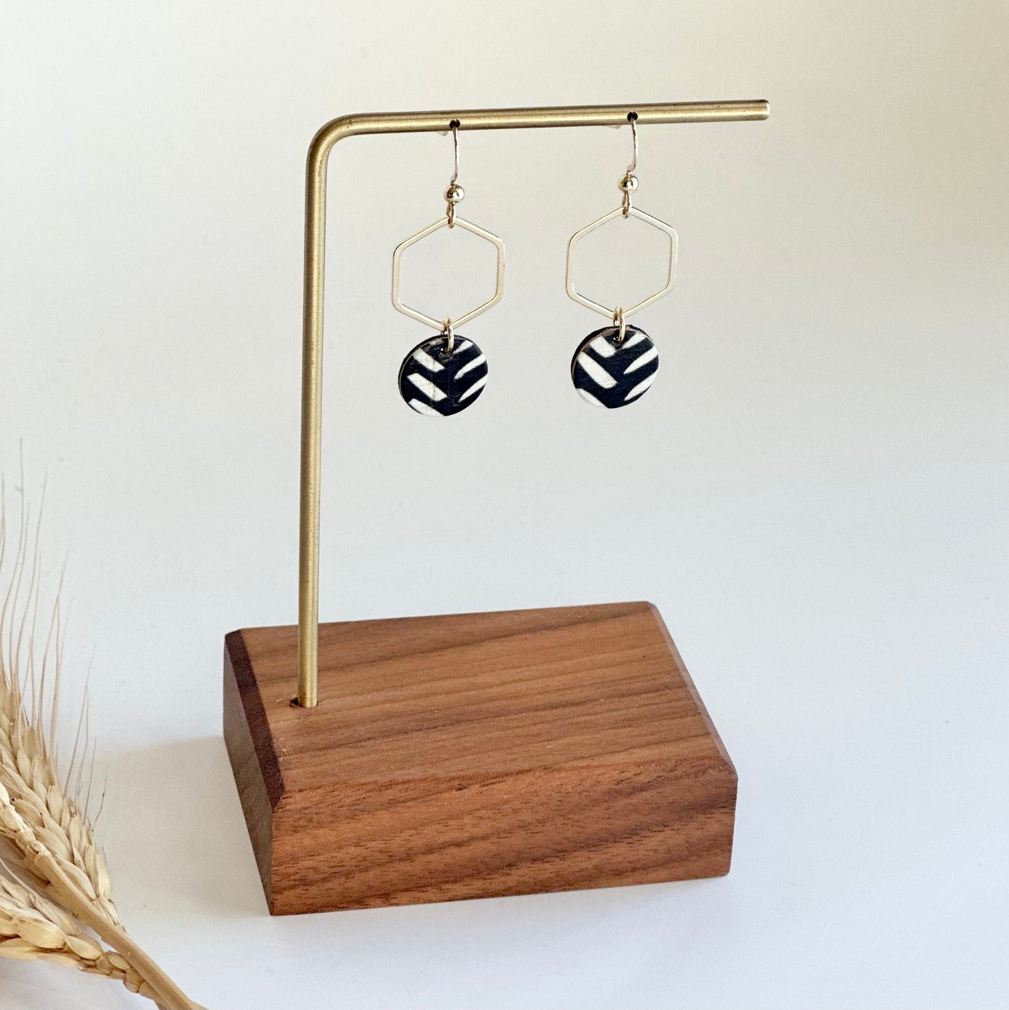 Black and White Chevron Cork Leather + Hexagon Earrings