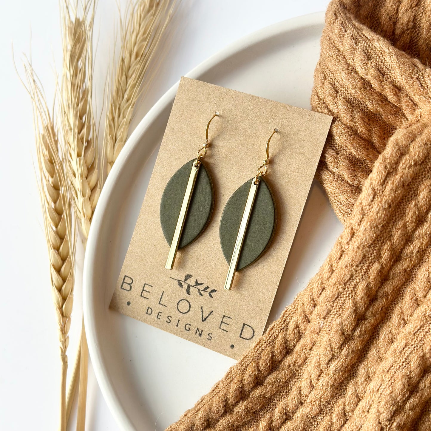 Olive Leather Leaf + Gold Bar Earrings