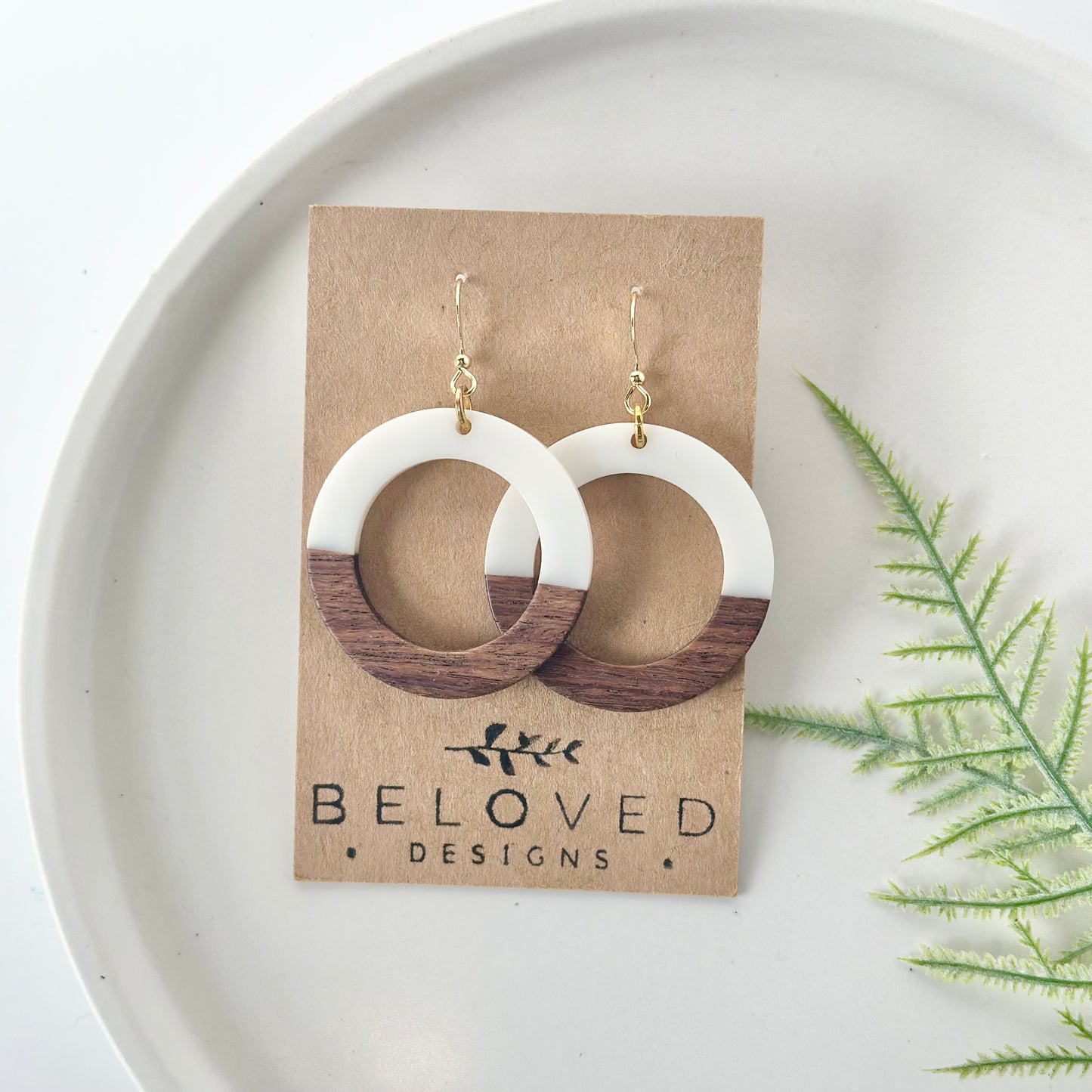 Large White Hoop Resin + Wood Earrings