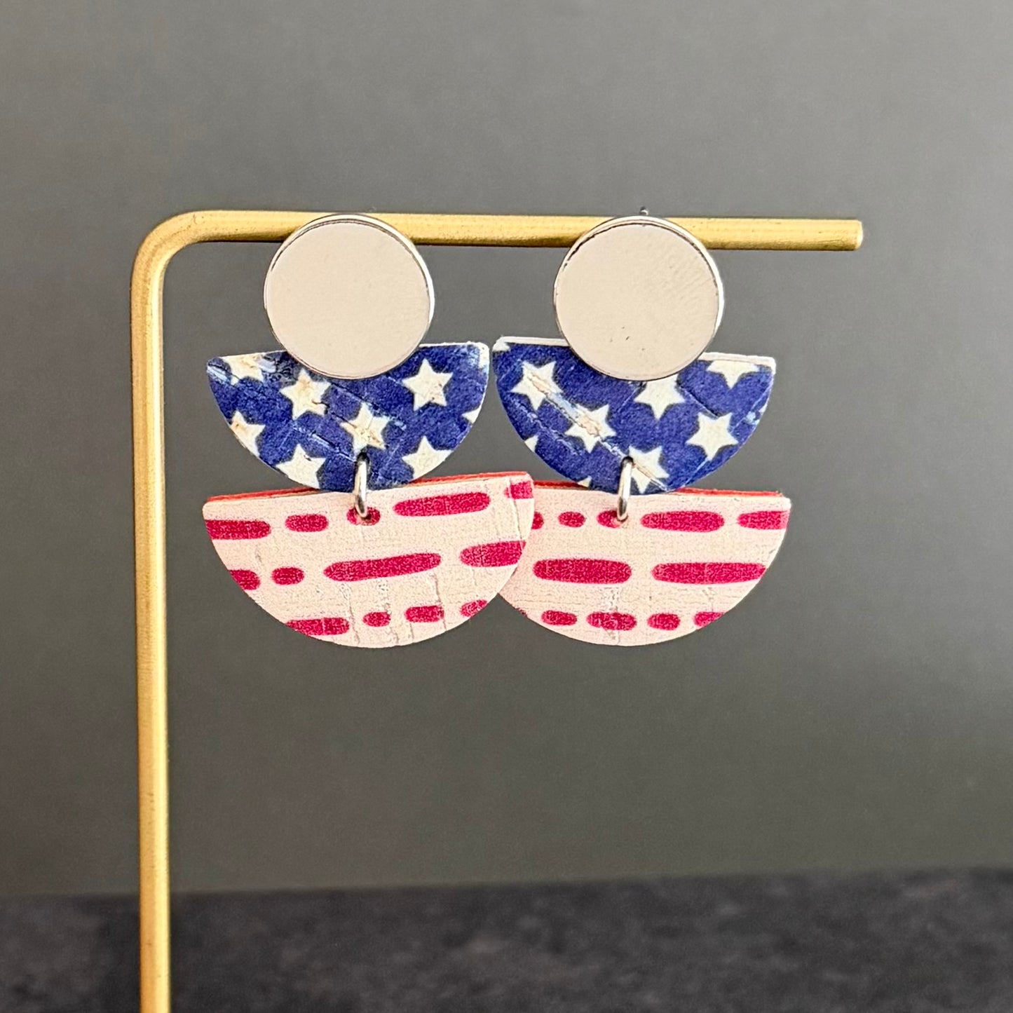 Cork Leather Double Half Circle Earrings | Stars + Dotted Stripes