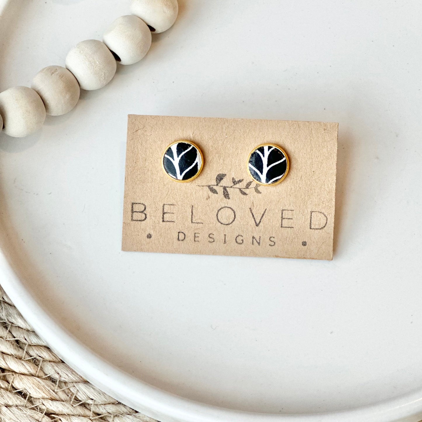 Black and White Chevron Leather Stud Earrings