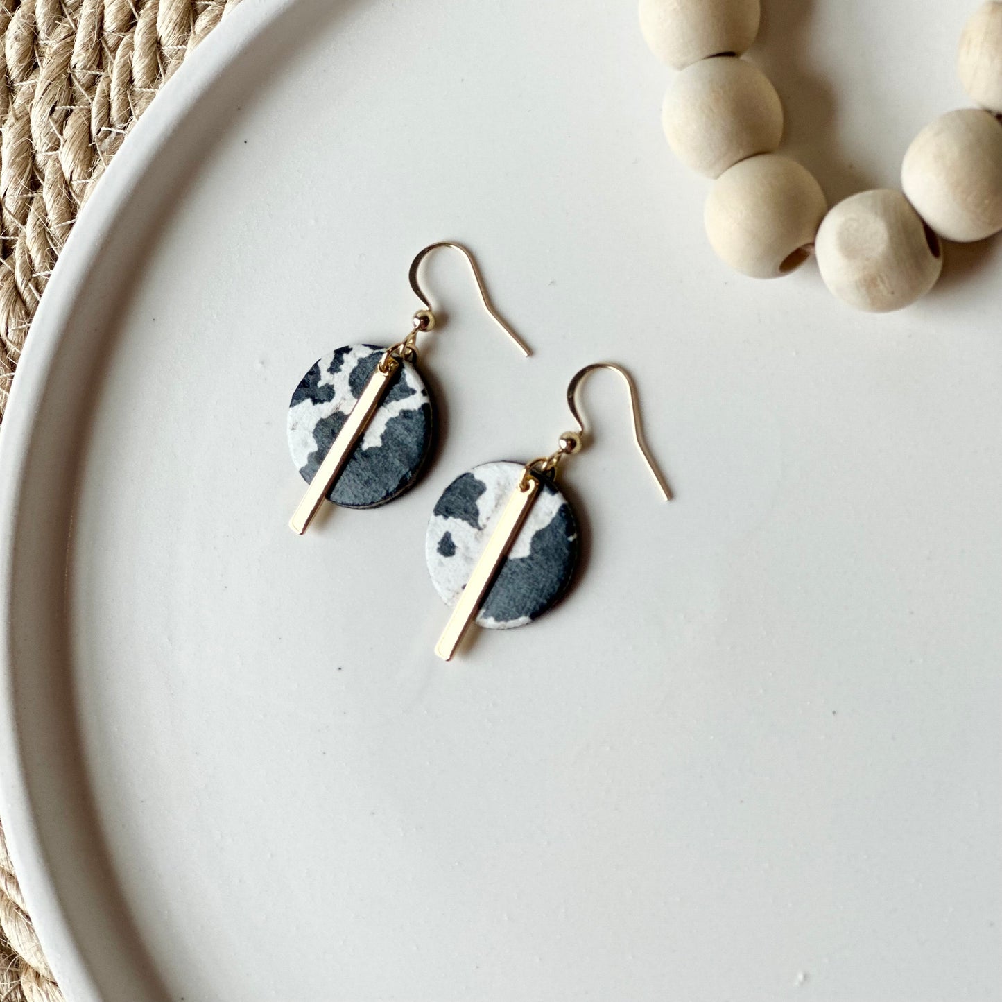 Cow Print Cork Leather Circle + Bar Earrings