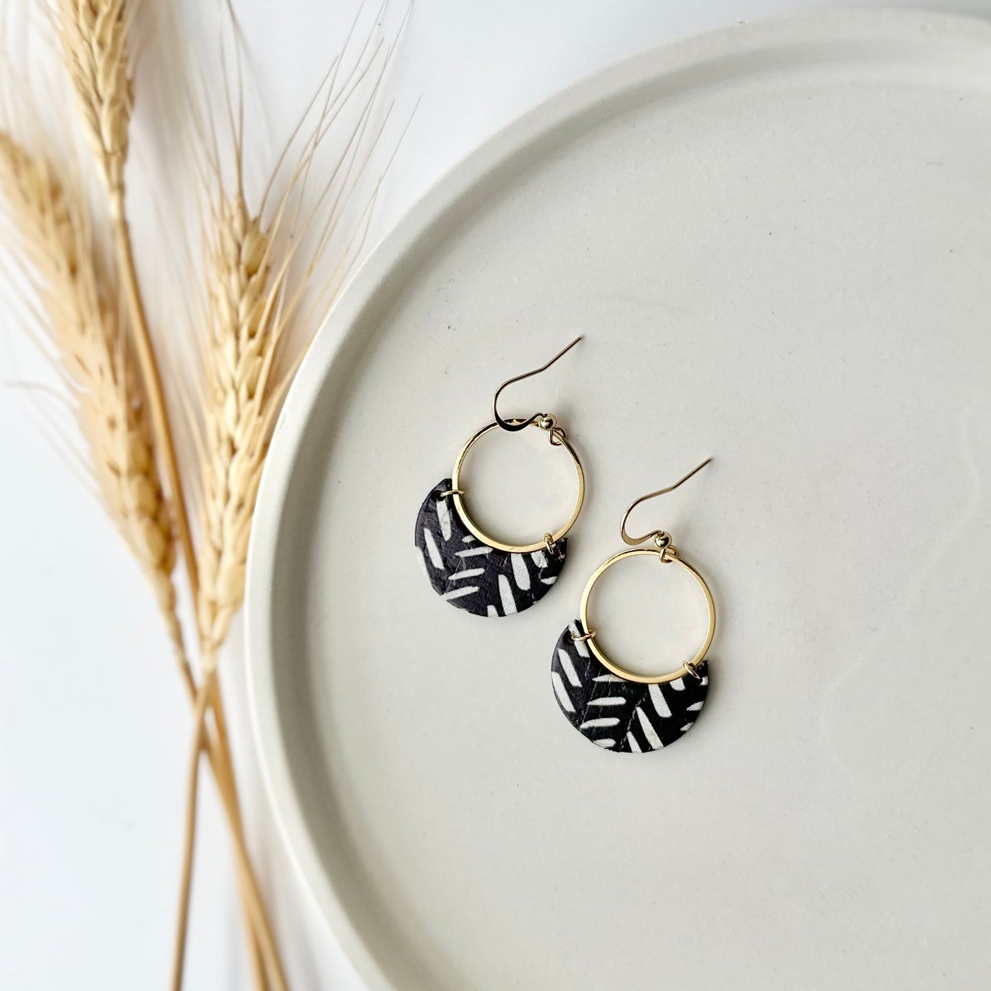 Black and White Chevron Cork Leather Crescent + Hoop Earrings