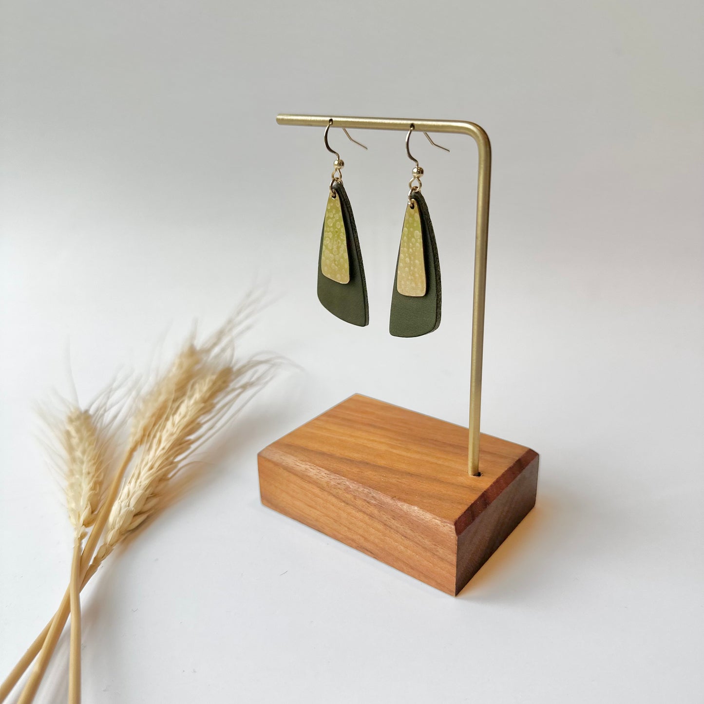 Olive Leather Drop Leaf + Hammered Brass Earrings