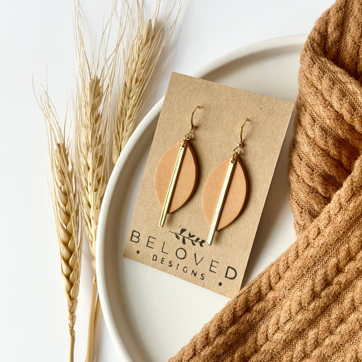 Natural Leather Leaf + Gold Bar Earrings