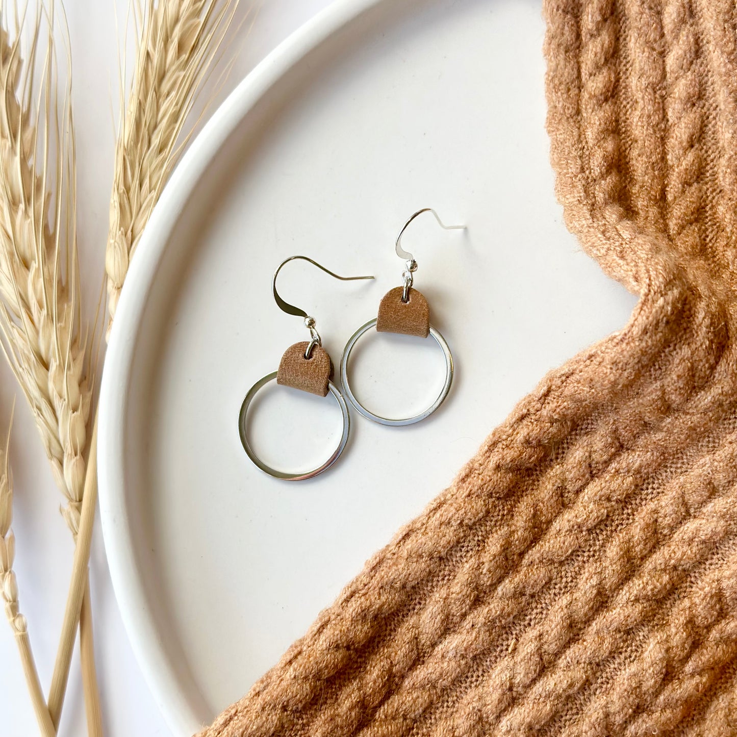 Camel Leather + Rhodium Hoop Earrings