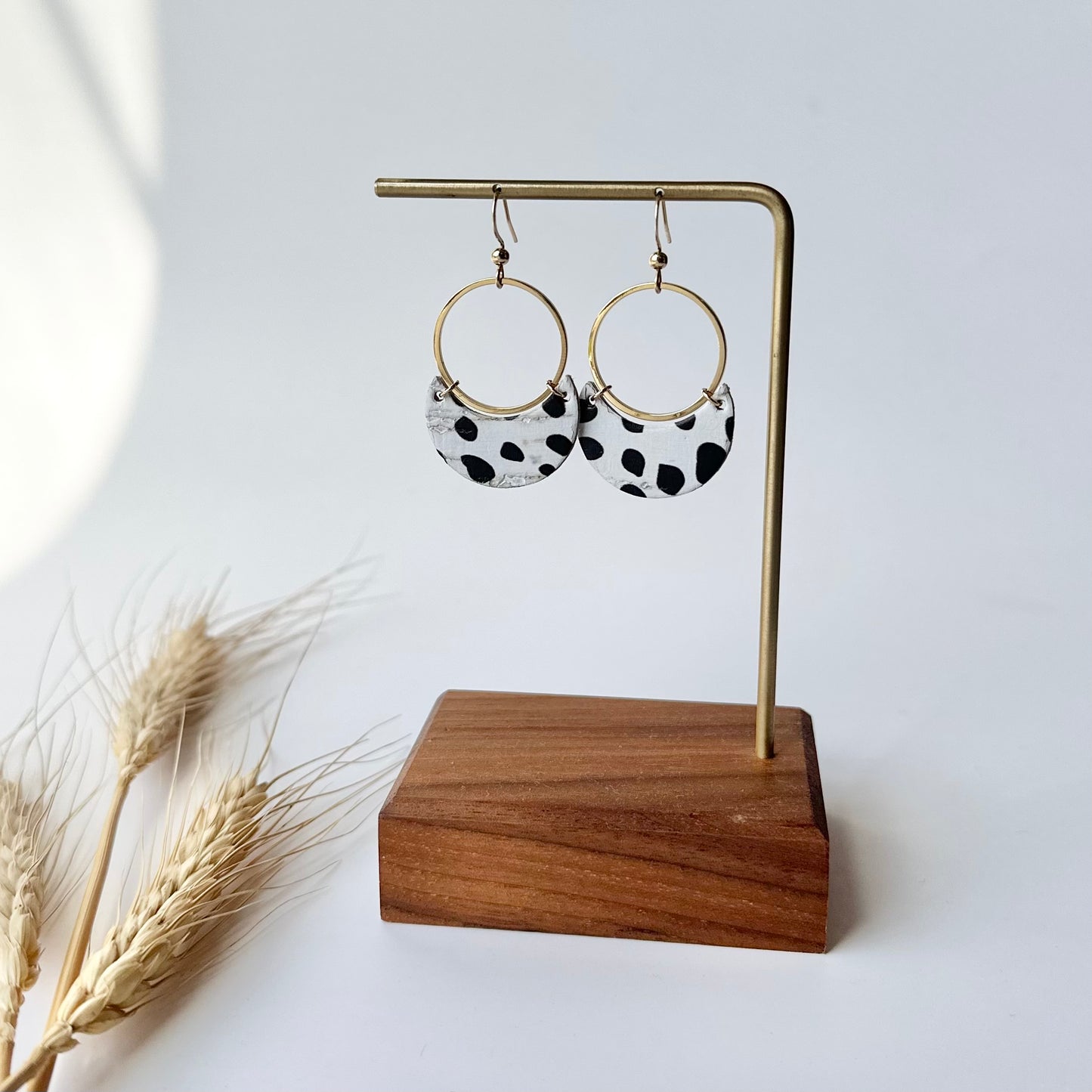 Dalmatian Cork Leather Crescent + Hoop Earrings