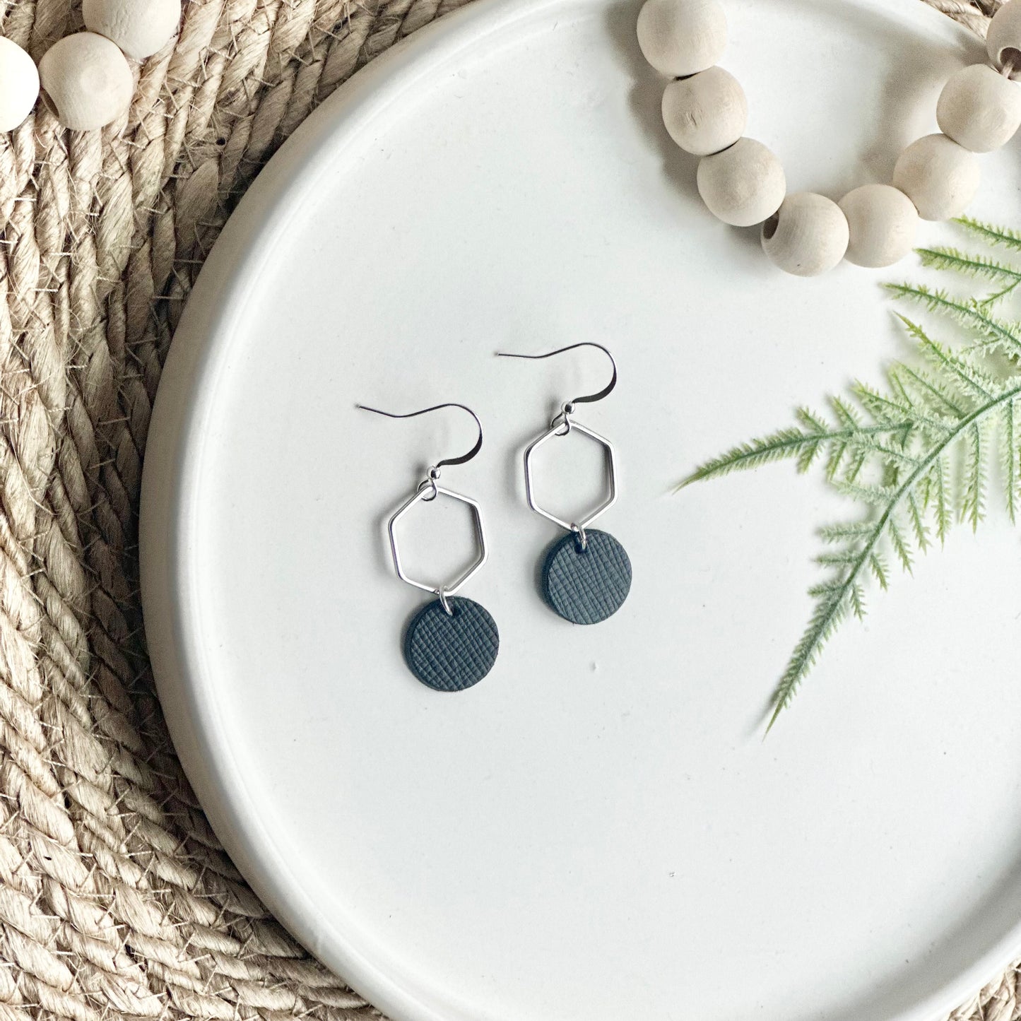 Black Textured Leather + Hexagon Earrings