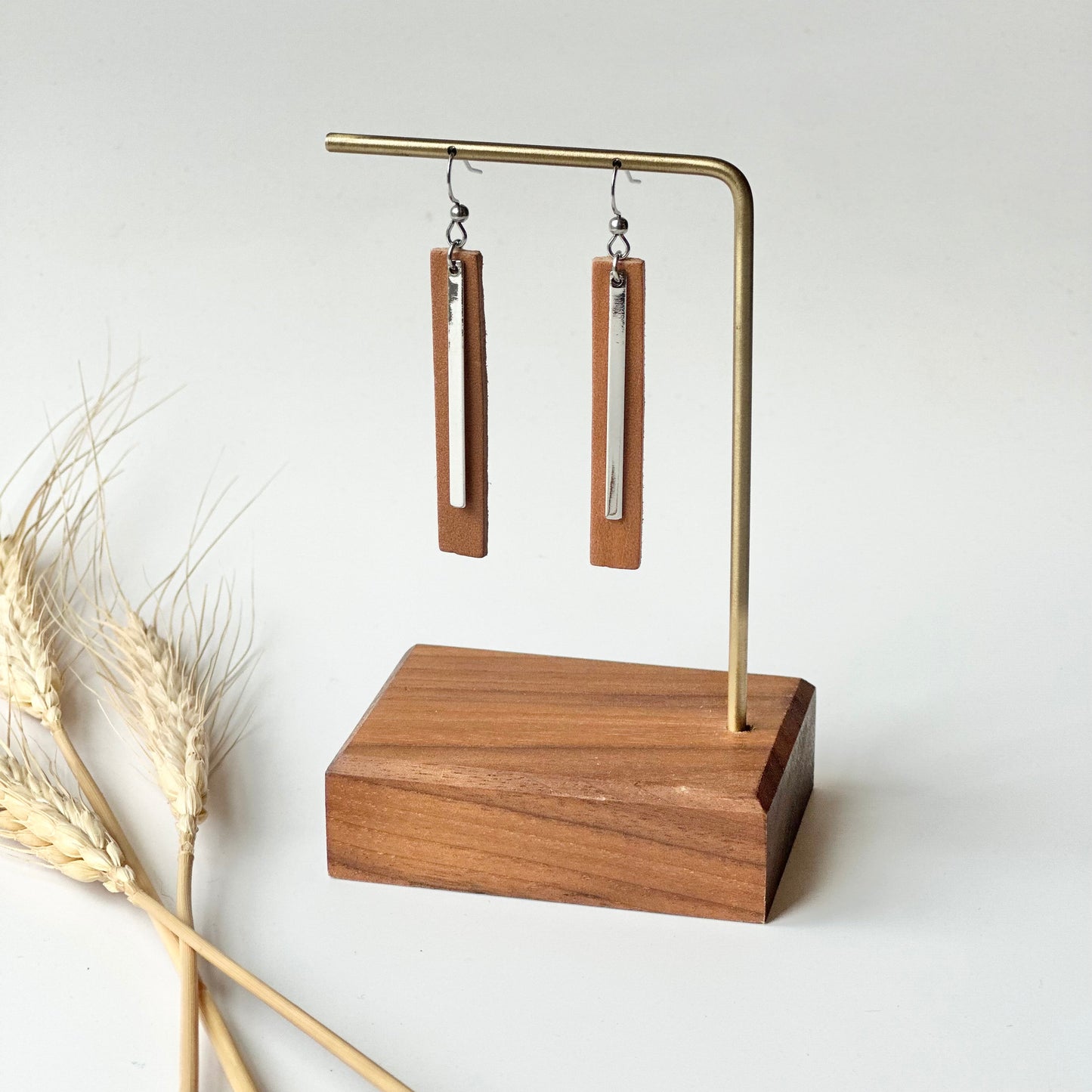 Natural Leather Bar + Rhodium Bar Earrings