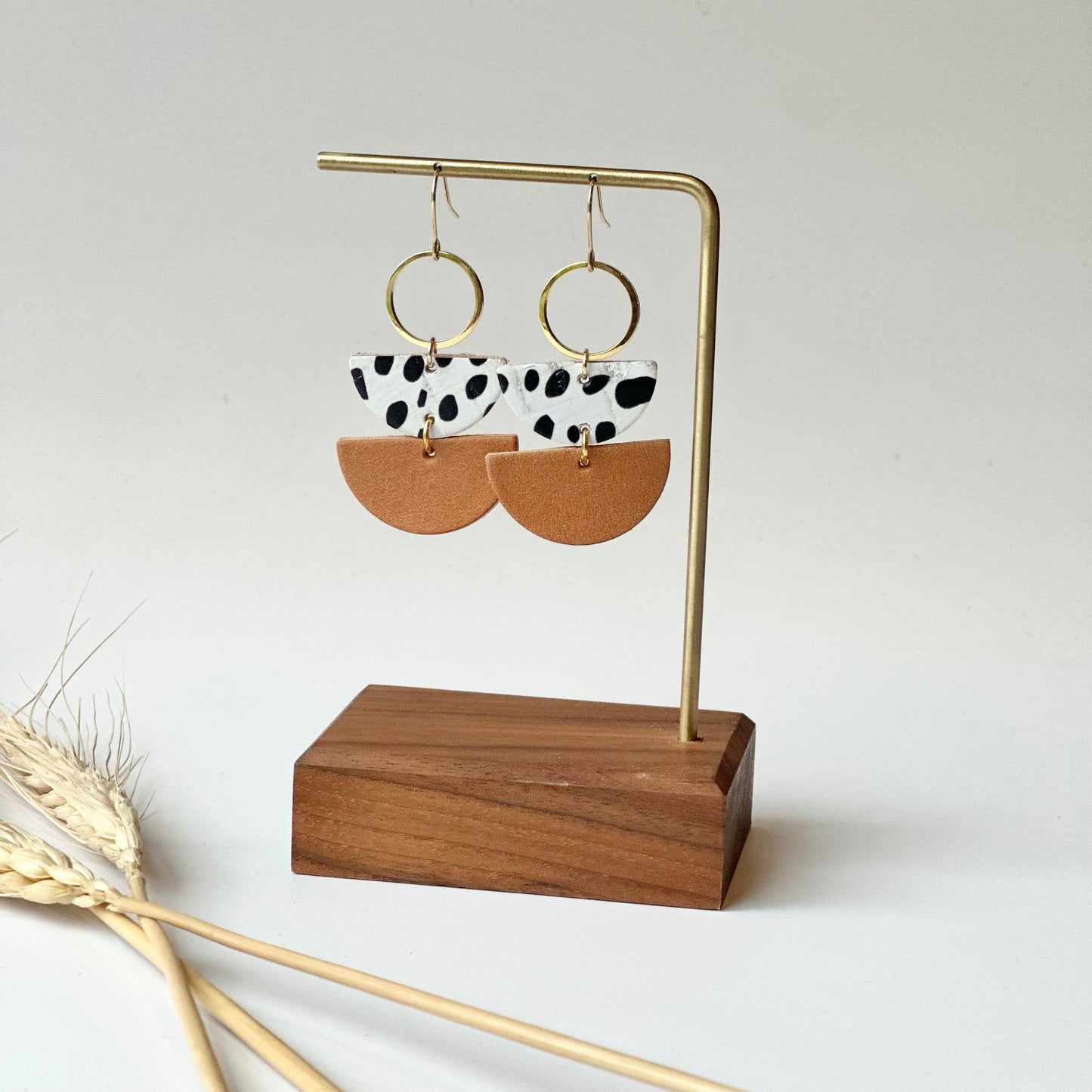 Dalmatian + Natural Leather Half Circle + Hoop Earrings