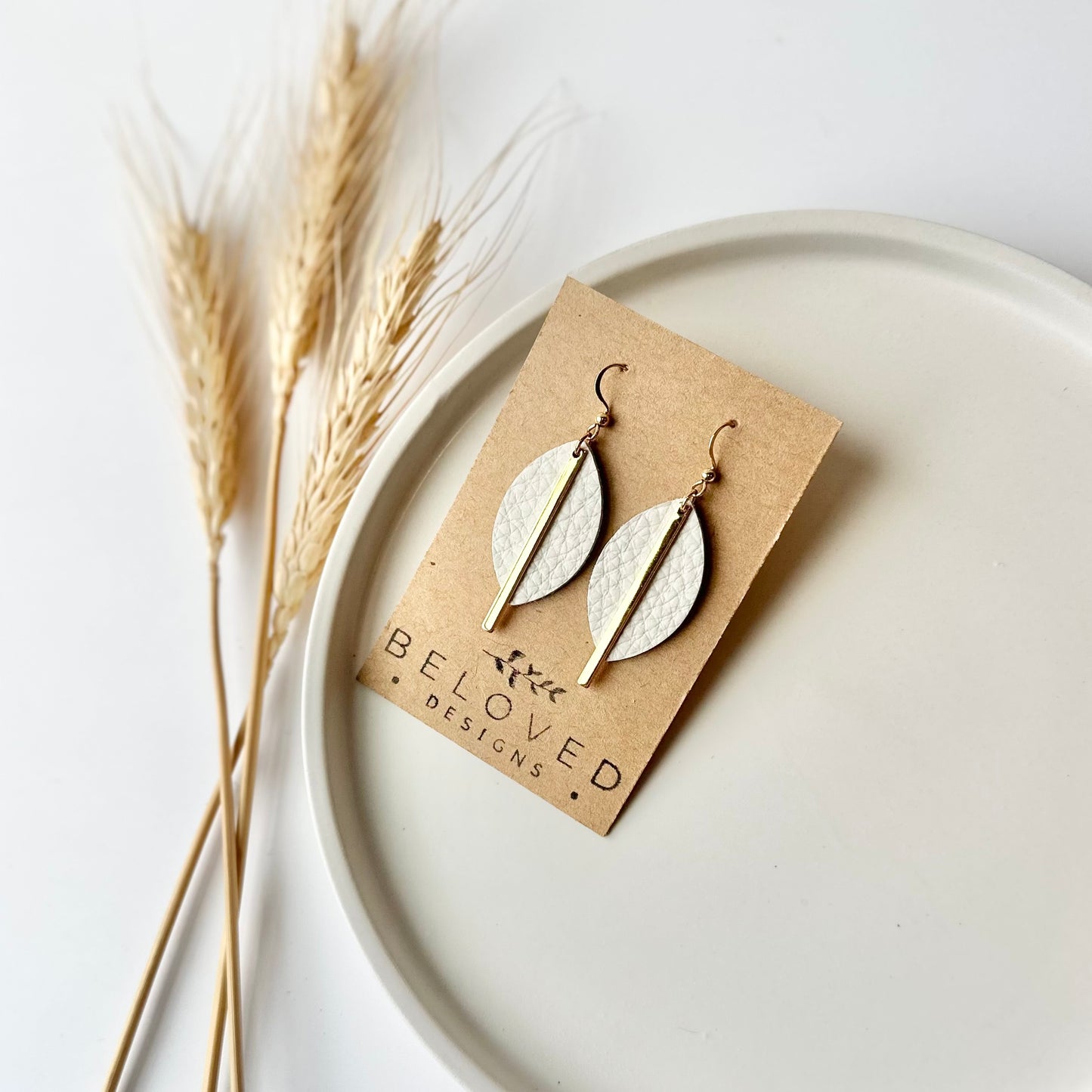 Cream Leather Leaf + Gold Bar Earrings