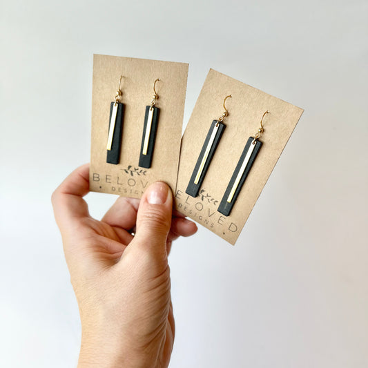 Black Leather Bar + Gold Bar Earrings