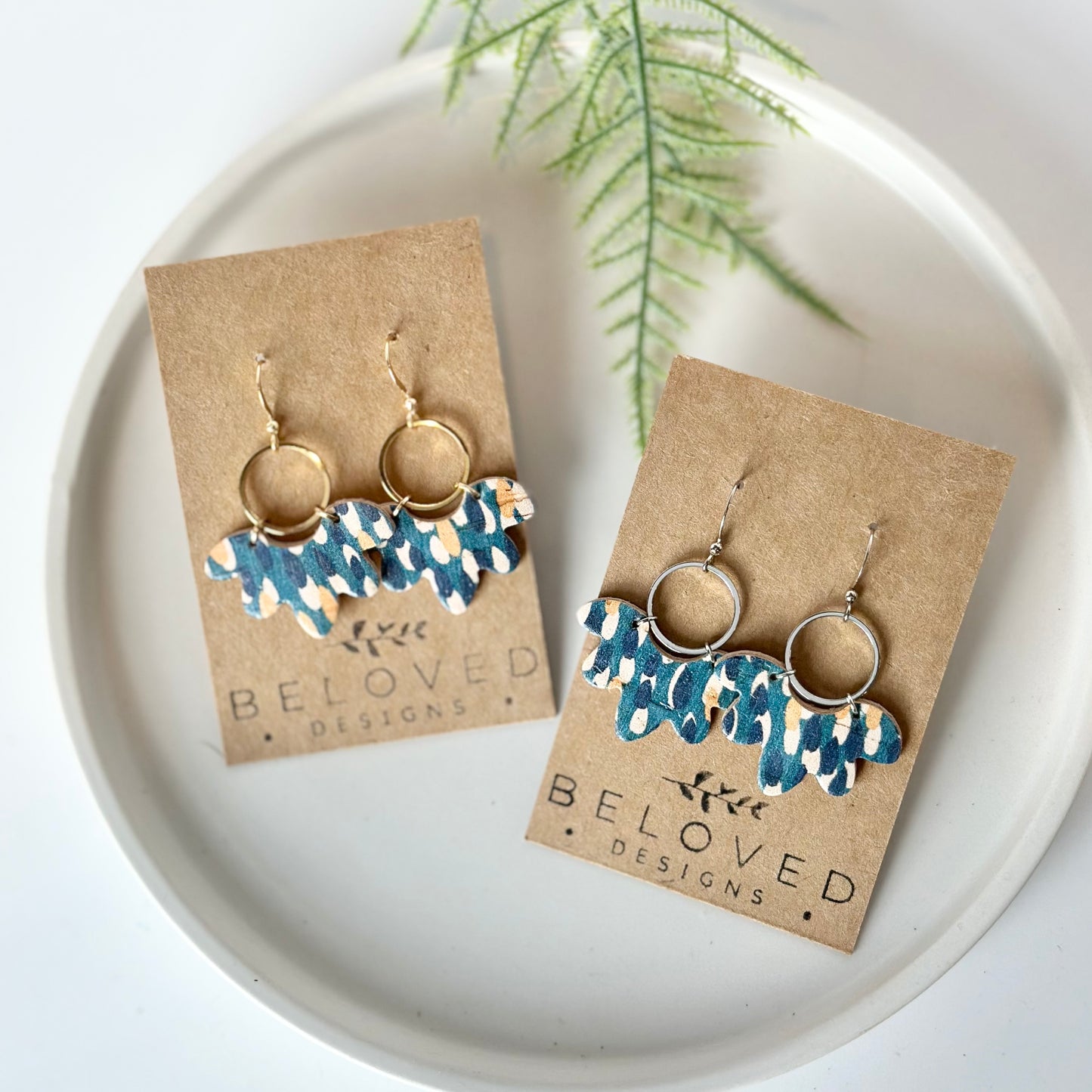 Abstract Teal Cork Leather Flower + Hoop Earrings