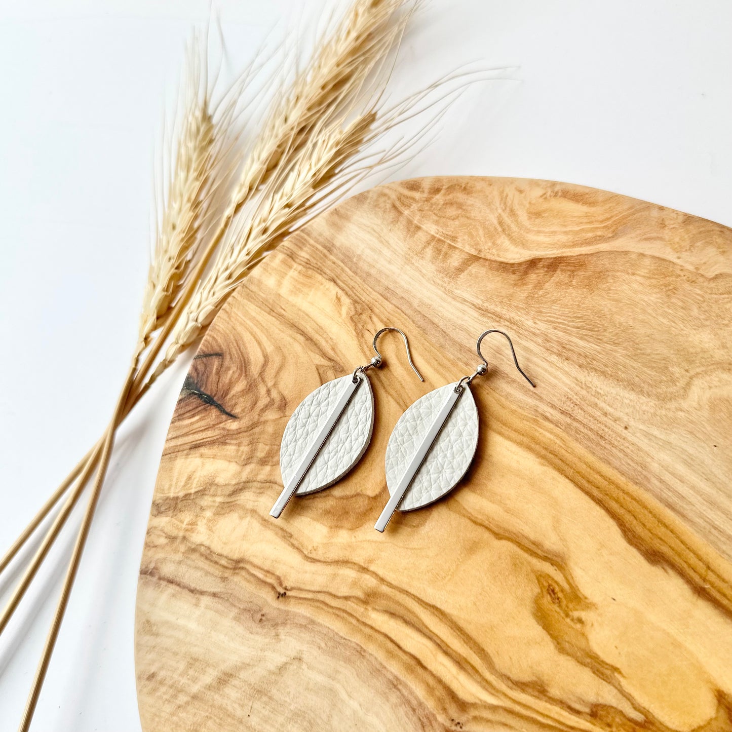 Cream Leather Leaf + Rhodium Bar Earrings