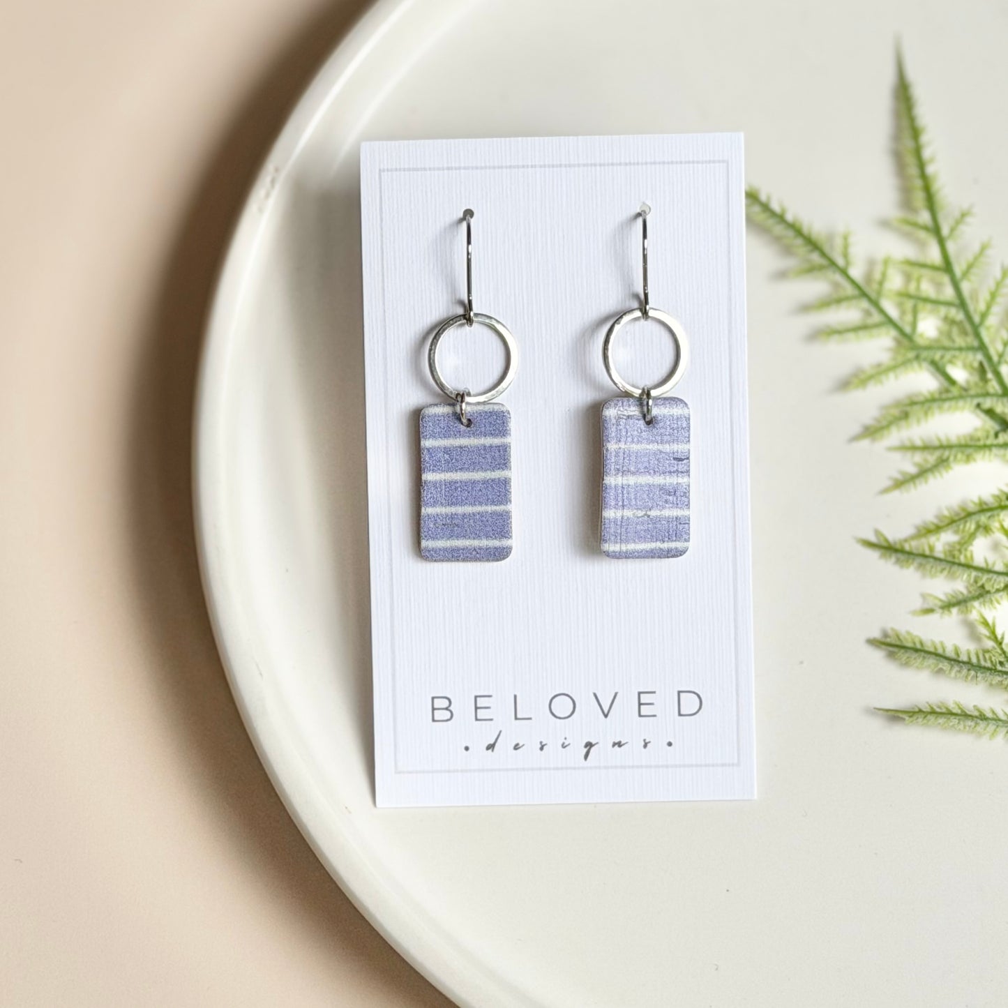 Cork Leather Rectangle + Hoop Earrings | Pale Blue Stripe