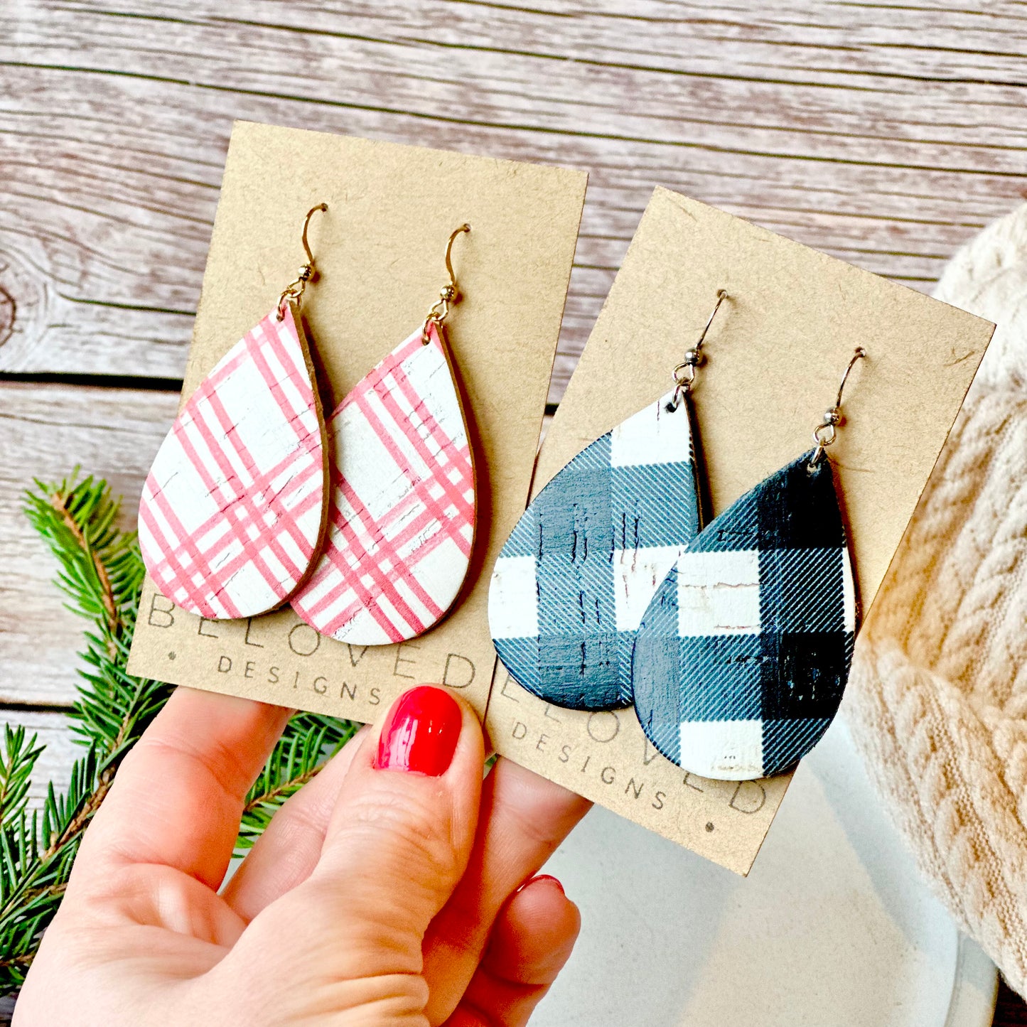 Farmhouse Plaid Cork Leather Teardrop Earrings