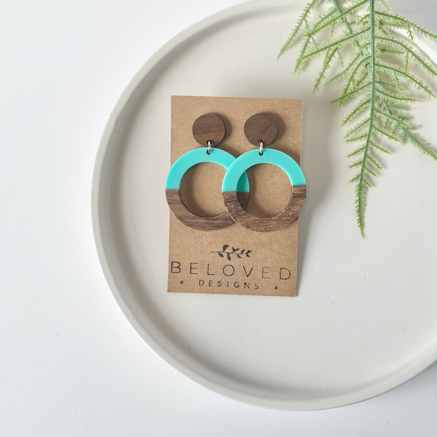 Turquoise Resin Hoop + Wood Stud Earrings