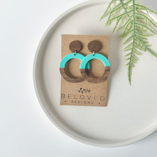 Turquoise Resin Hoop + Wood Stud Earrings