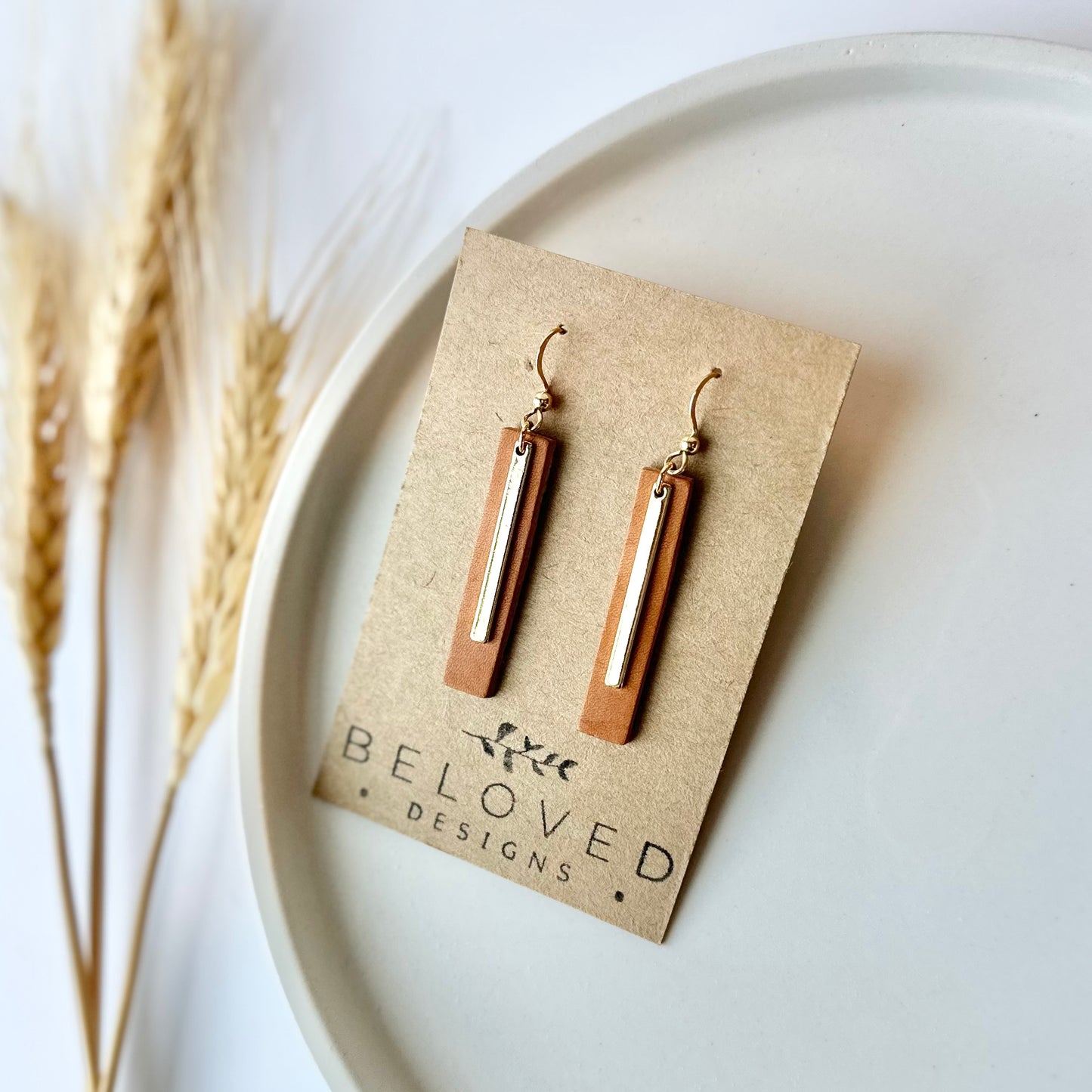 Natural Leather Bar + Gold Bar Earrings