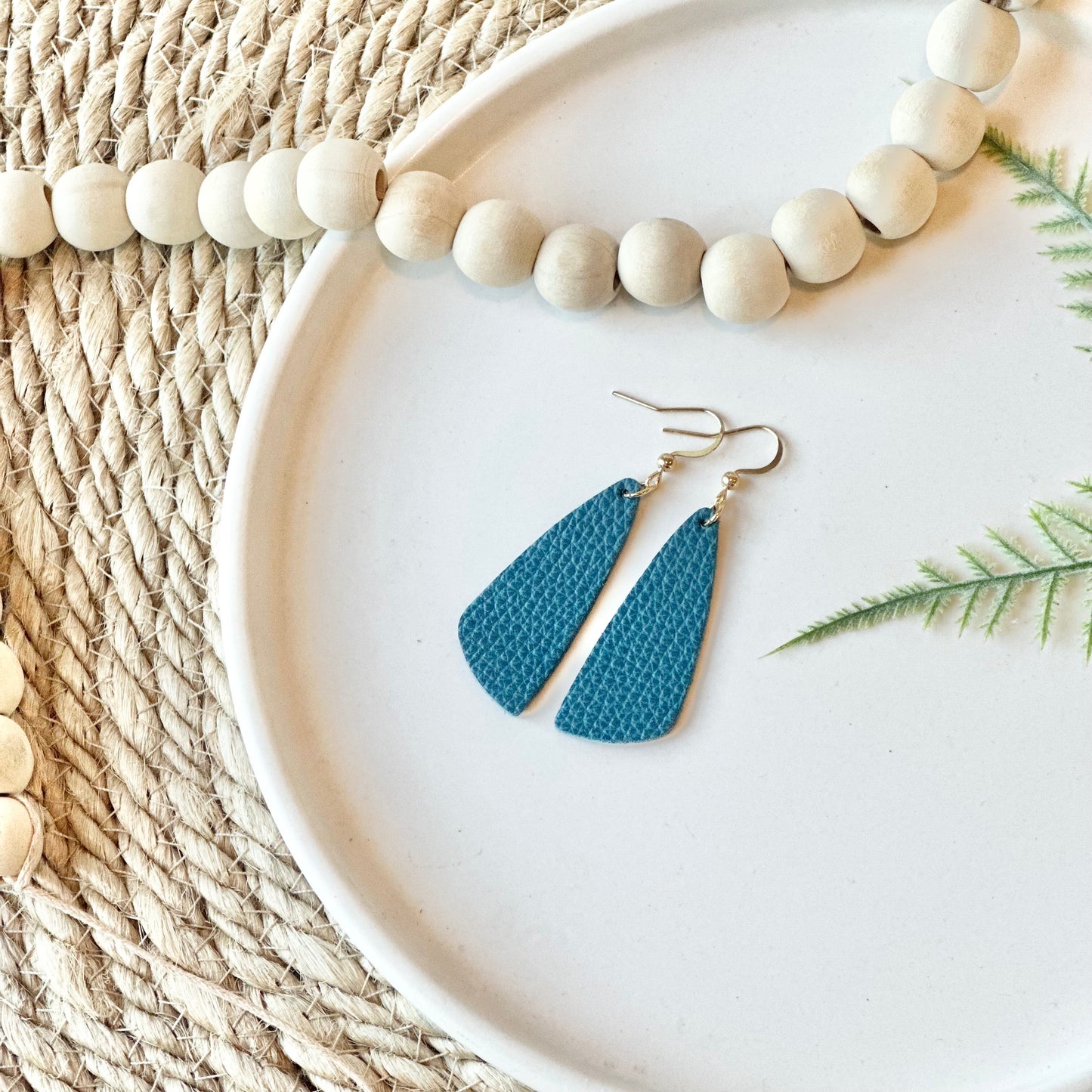 Pebbled Teal Leather Drop Leaf Earrings