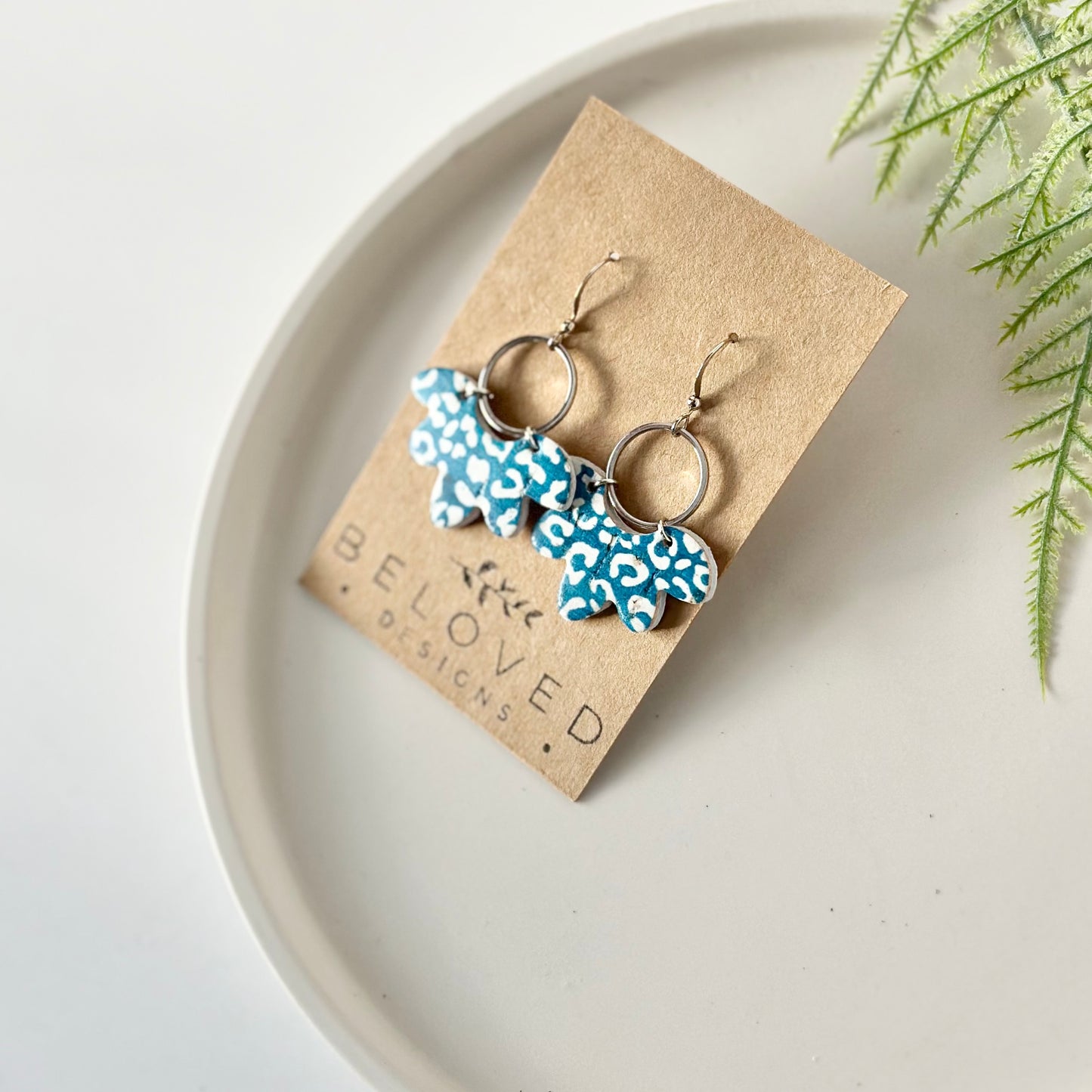 Teal Leopard Cork Leather Flower + Hoop Earrings