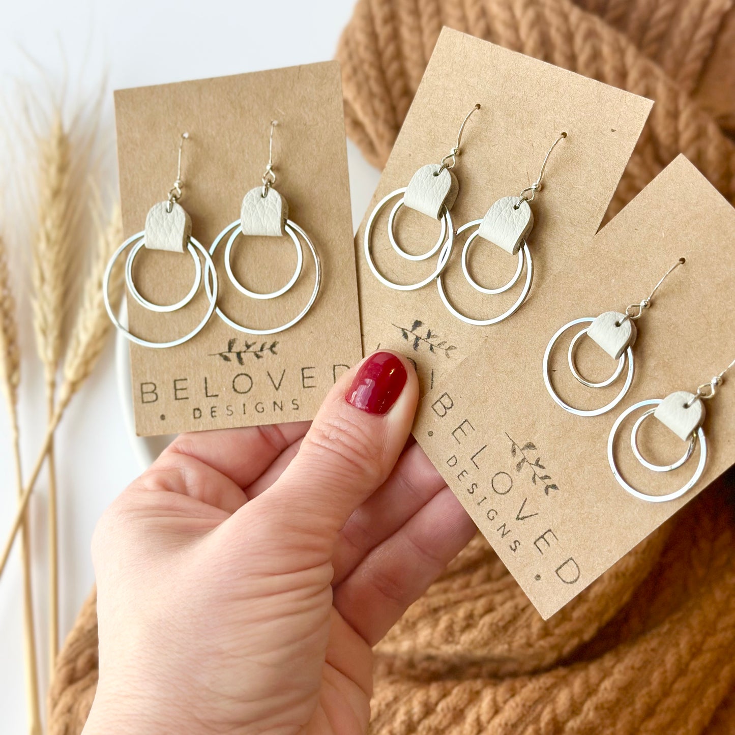 Cream Leather + Double Rhodium Hoop Earrings