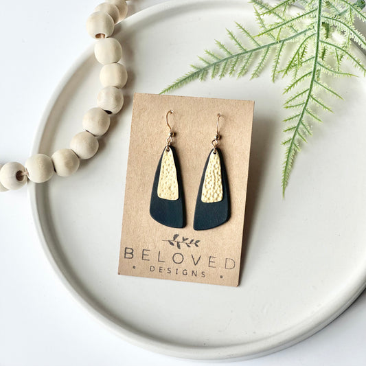 Black Leather Drop Leaf + Hammered Brass Earrings