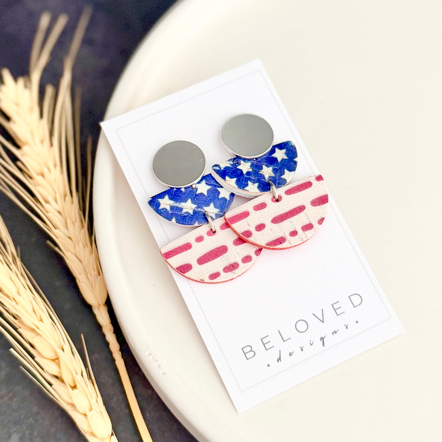 Cork Leather Double Half Circle Earrings | Stars + Dotted Stripes