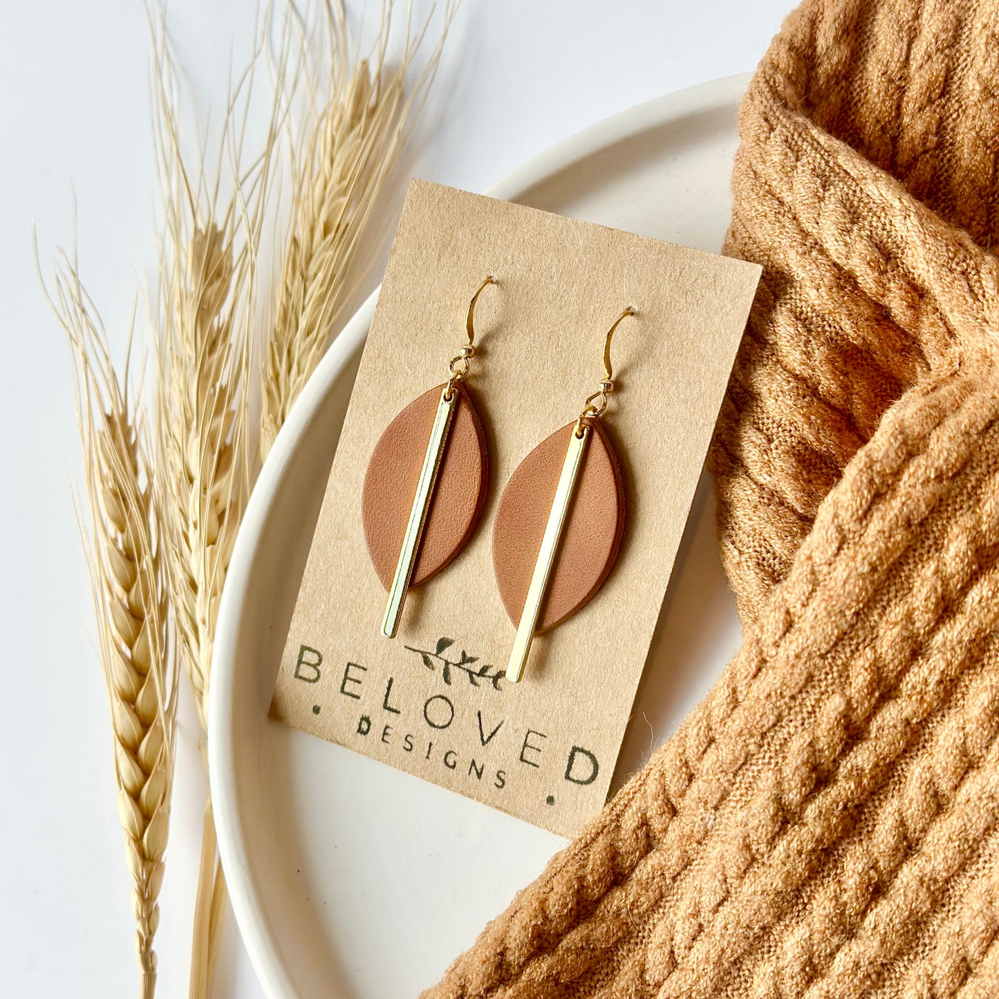 Cognac Leather Leaf + Gold Bar Earrings