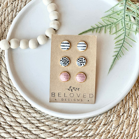 Trio Leather Stud Set - B + W Stripe | Mini Dalmatian | Blush Pink + Gold Stripe