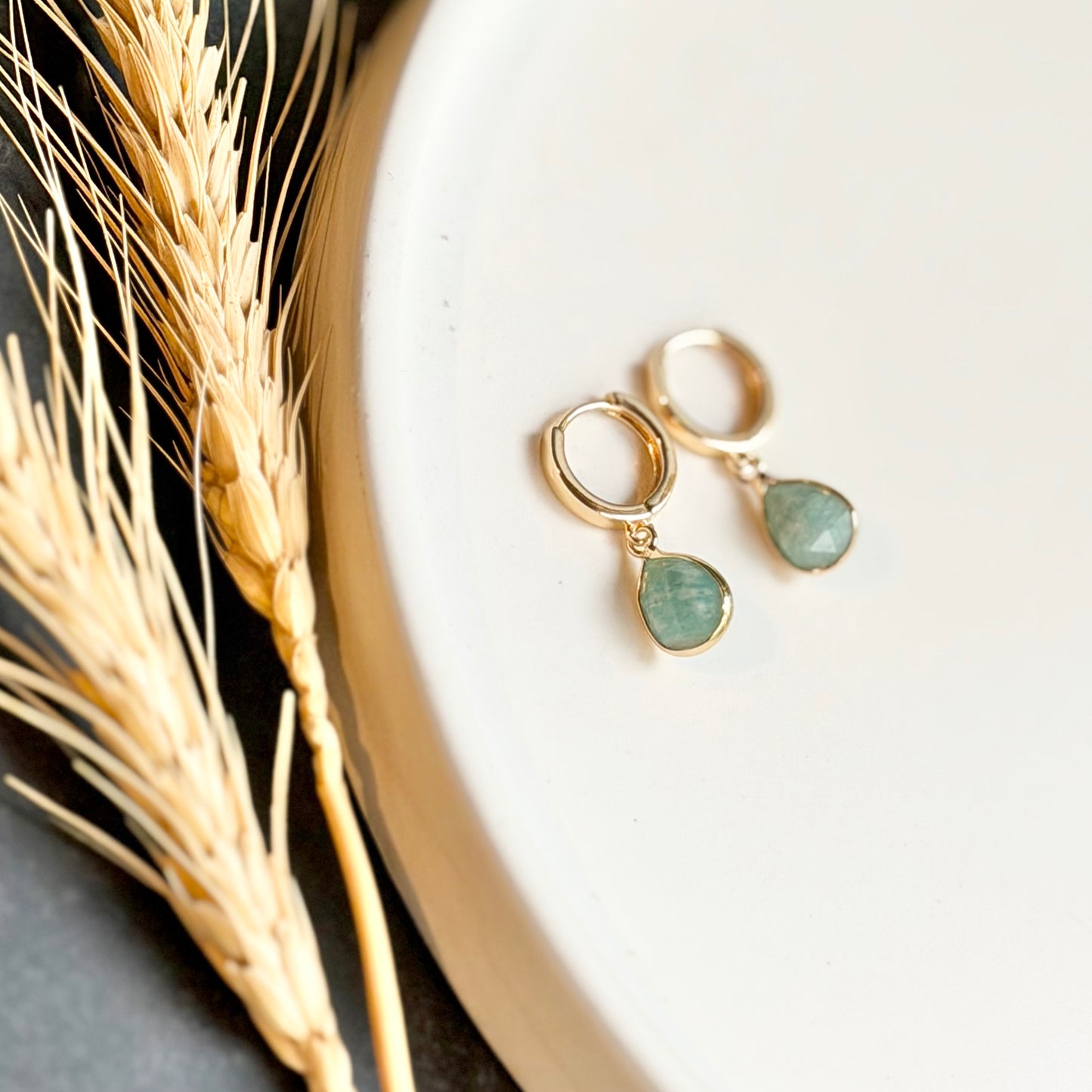Gold Huggie + Opaque Mint Teardrop Earrings
