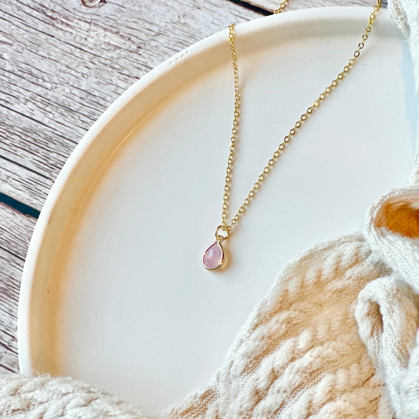 Dusty Pink Teardrop Gold Necklace