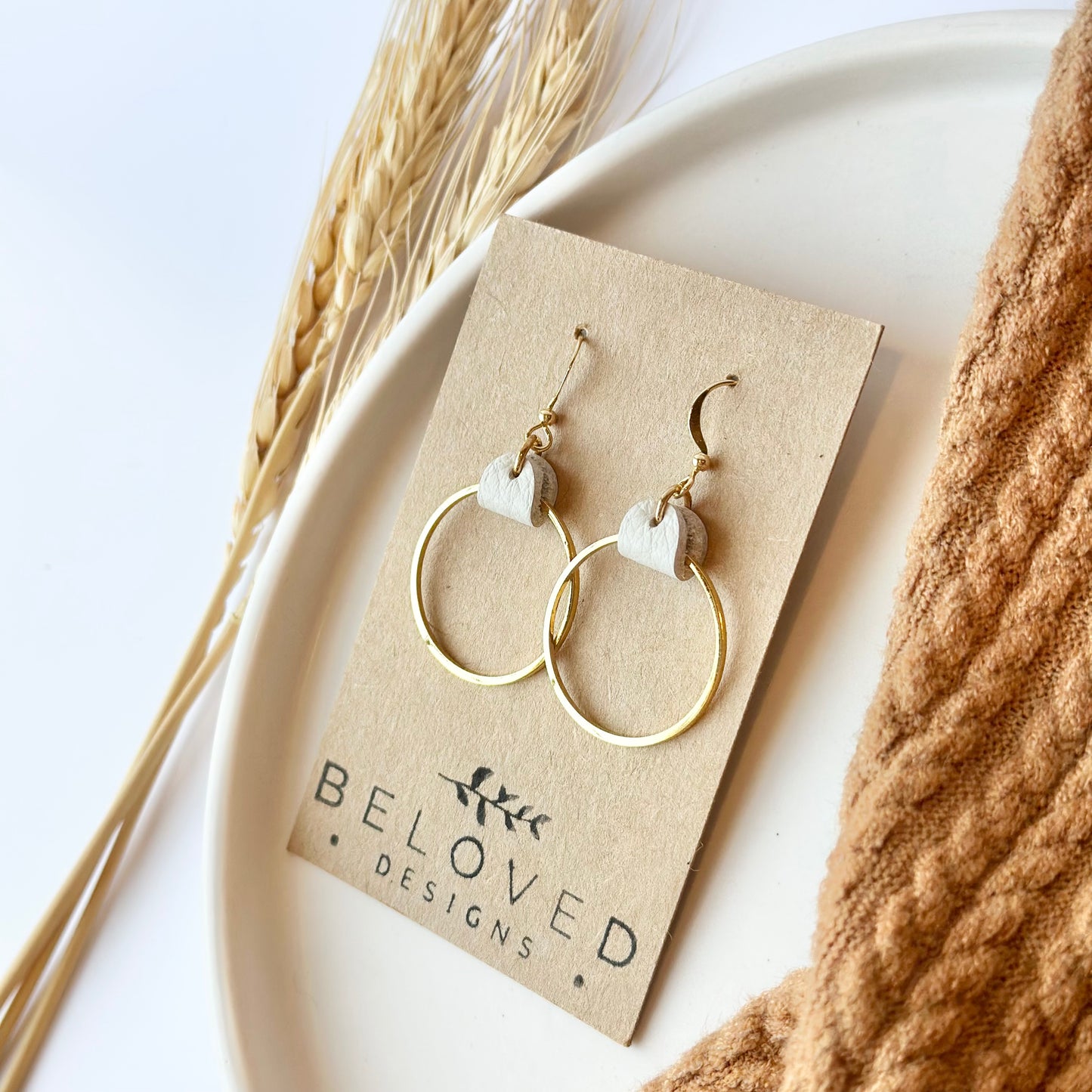 Cream Leather + Gold Hoop Earrings