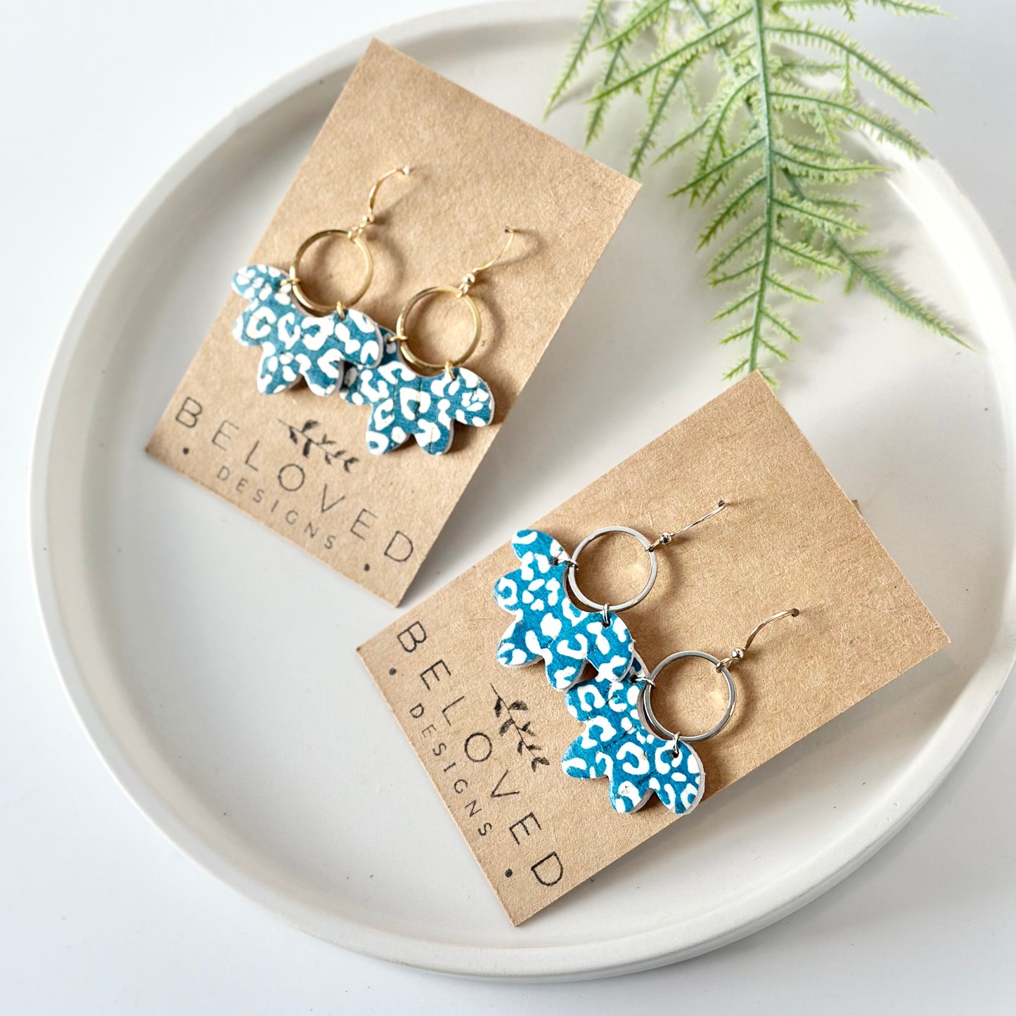 Teal Leopard Cork Leather Flower + Hoop Earrings