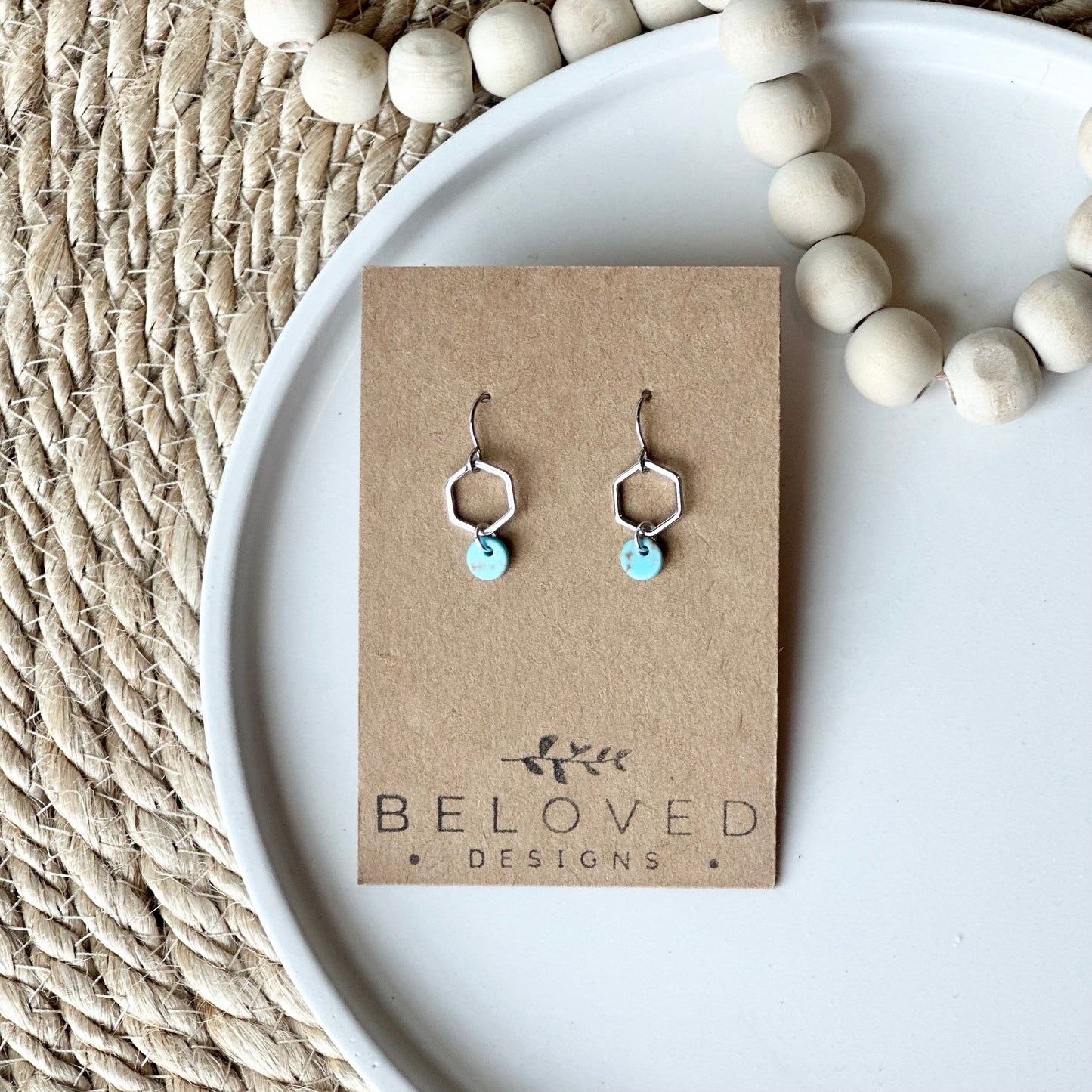 Petite Rhodium Hexagon + Howlite Earrings