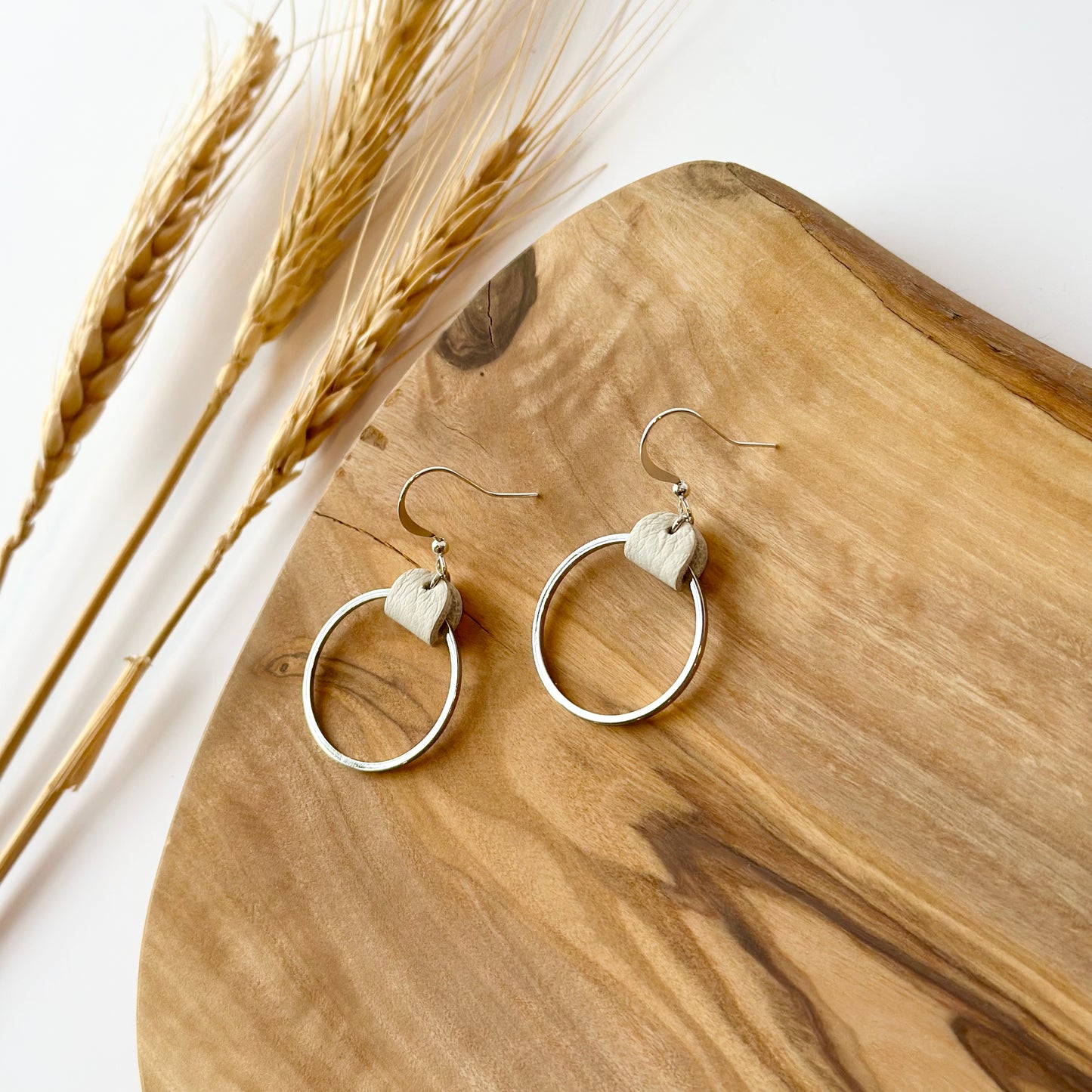 Cream Leather + Rhodium Hoop Earrings - Medium