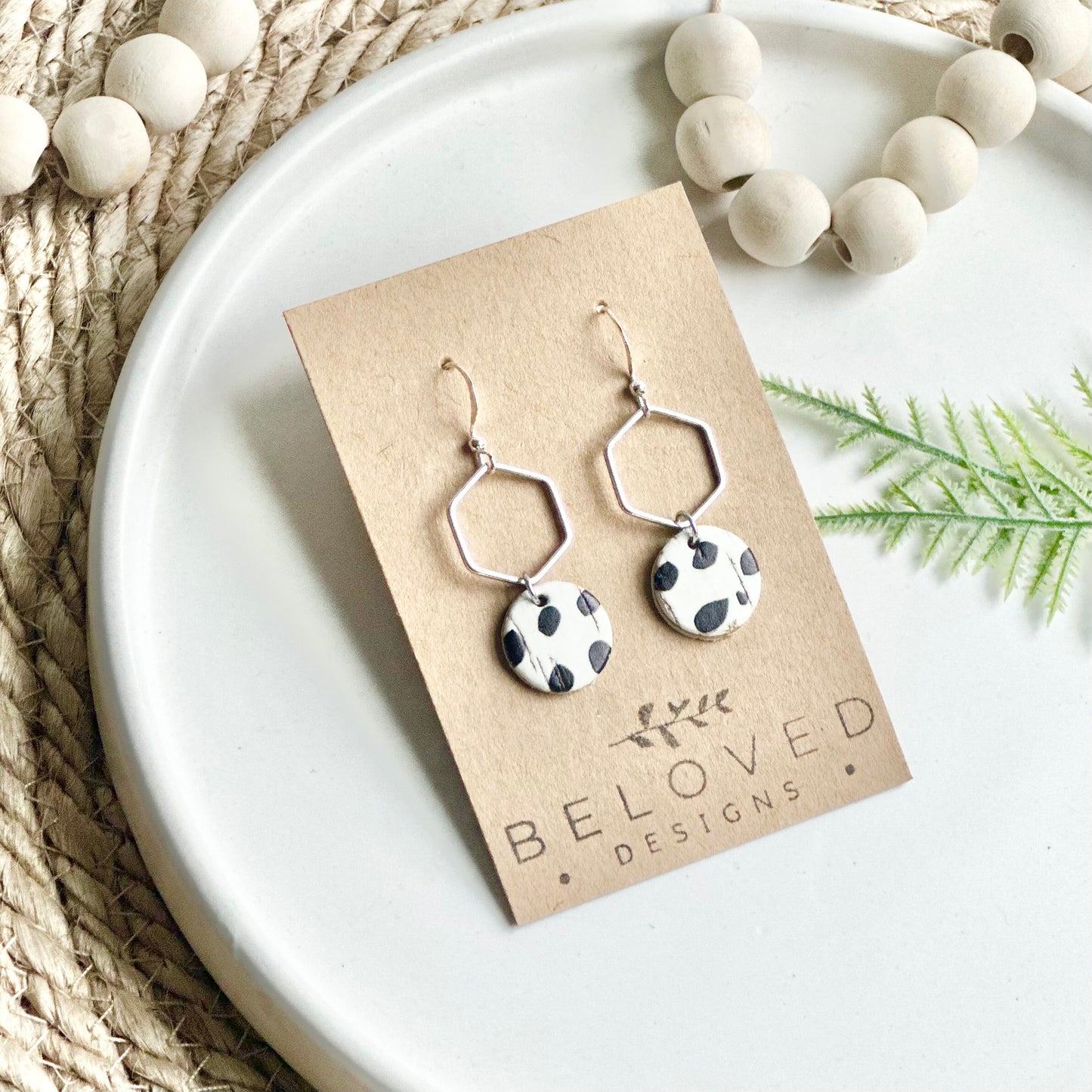 Dalmatian Cork Leather + Hexagon Earrings