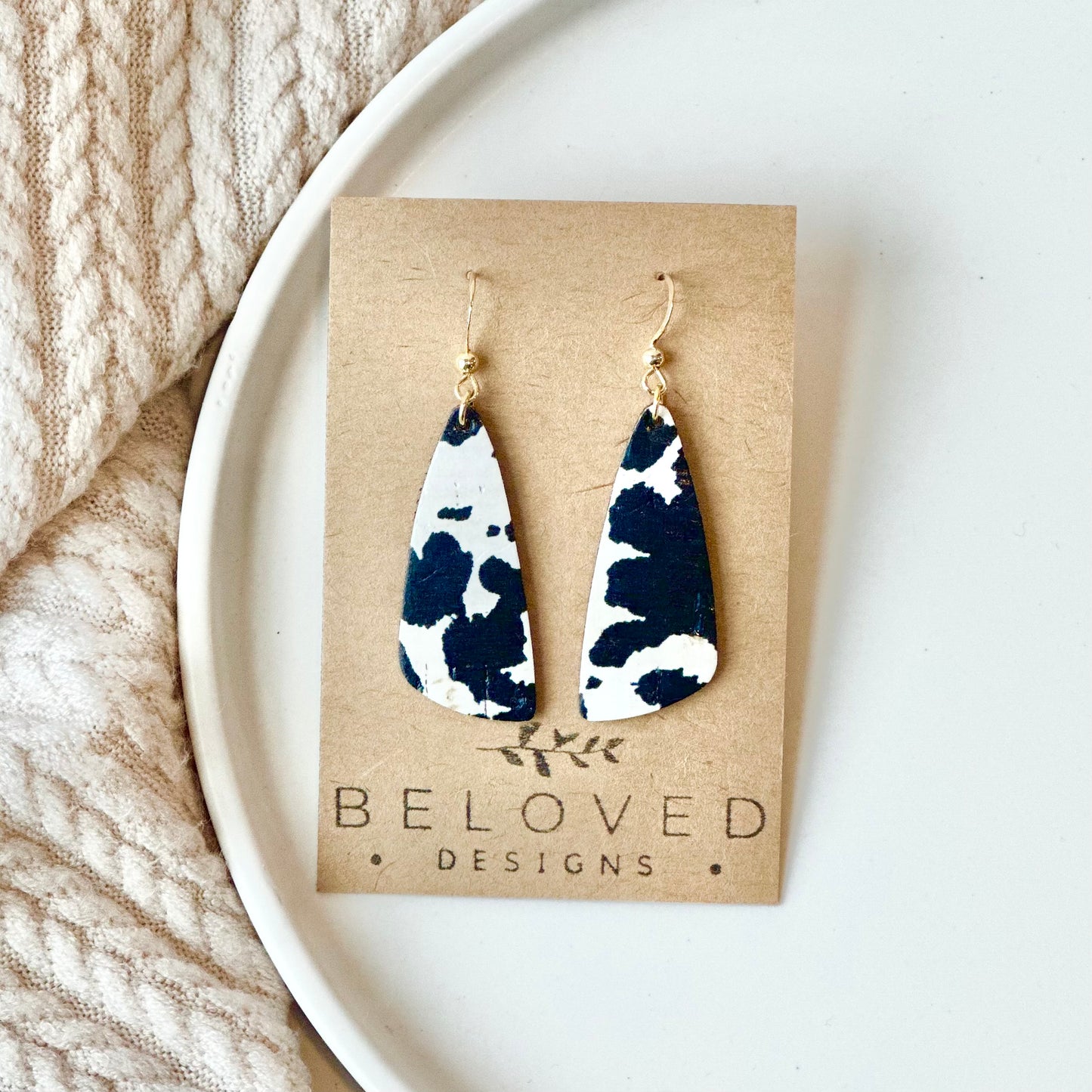 Cow Print Cork Leather Drop Leaf Earrings