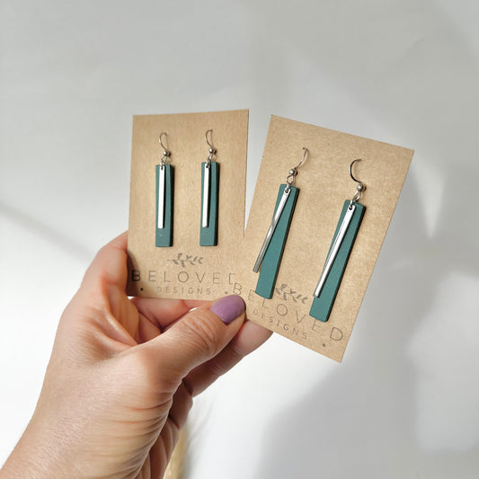 Deep Teal Leather Bar + Rhodium Bar Earrings