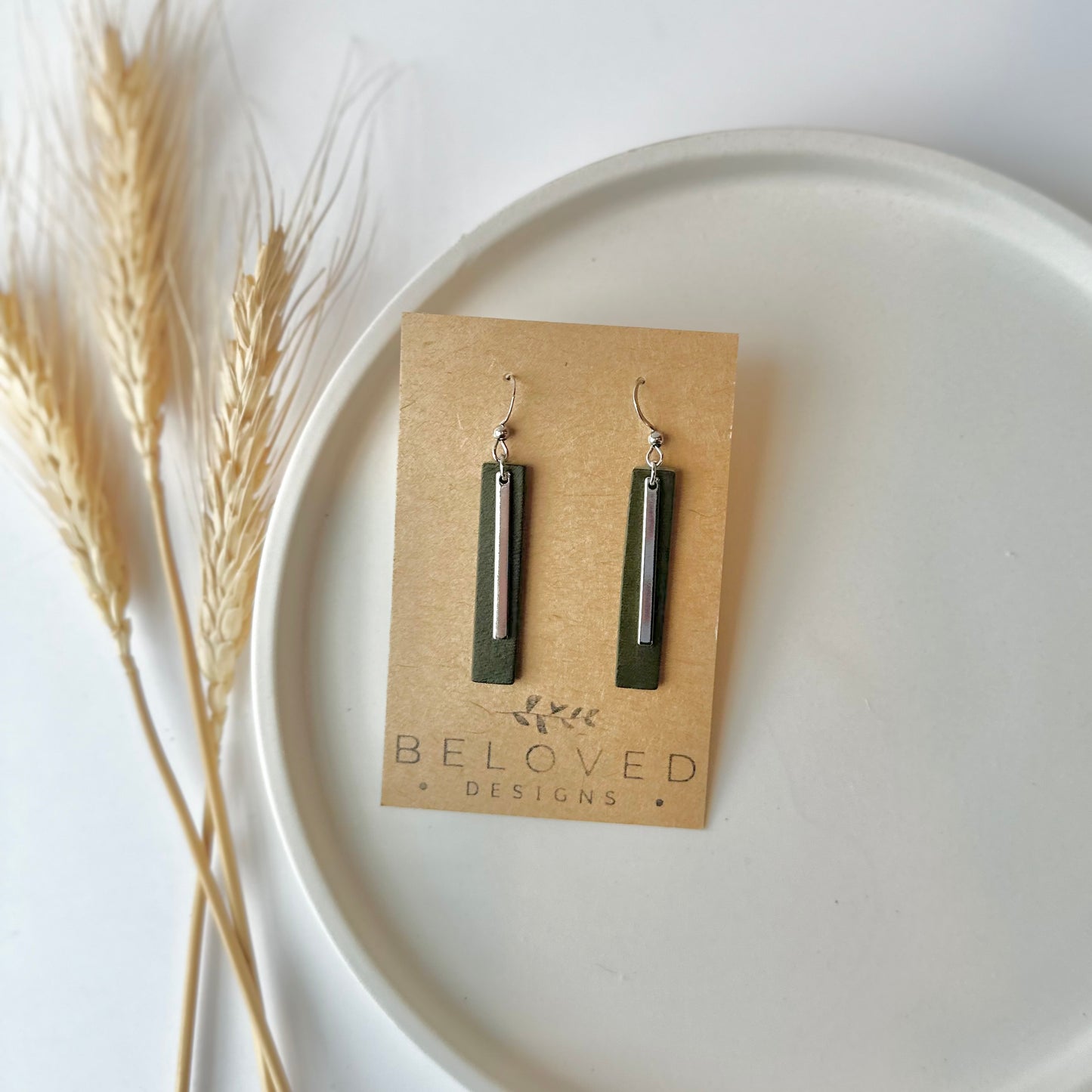 Olive Leather Bar + Rhodium Bar Earrings