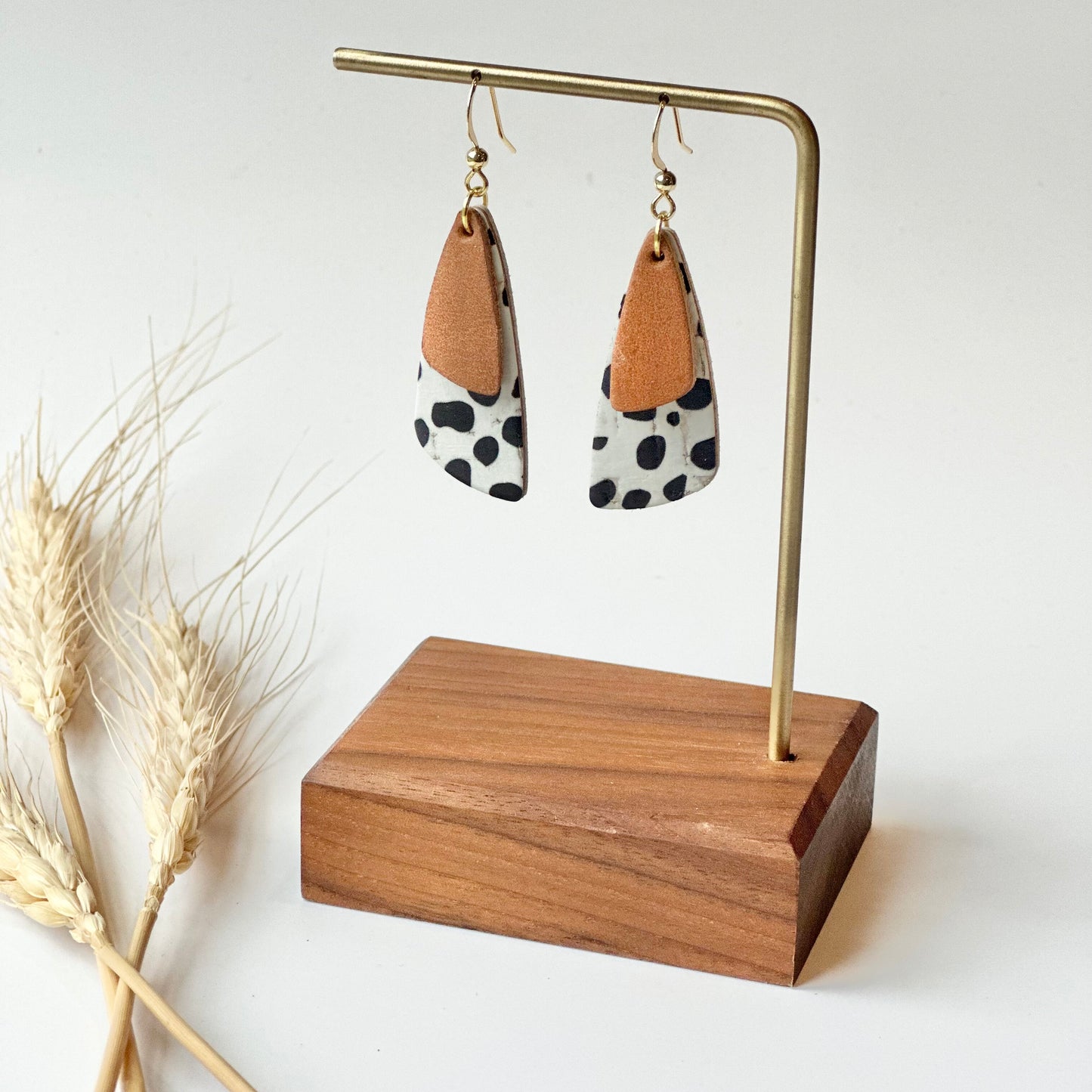 Dalmatian Cork + Natural Leather Drop Leaf Earrings