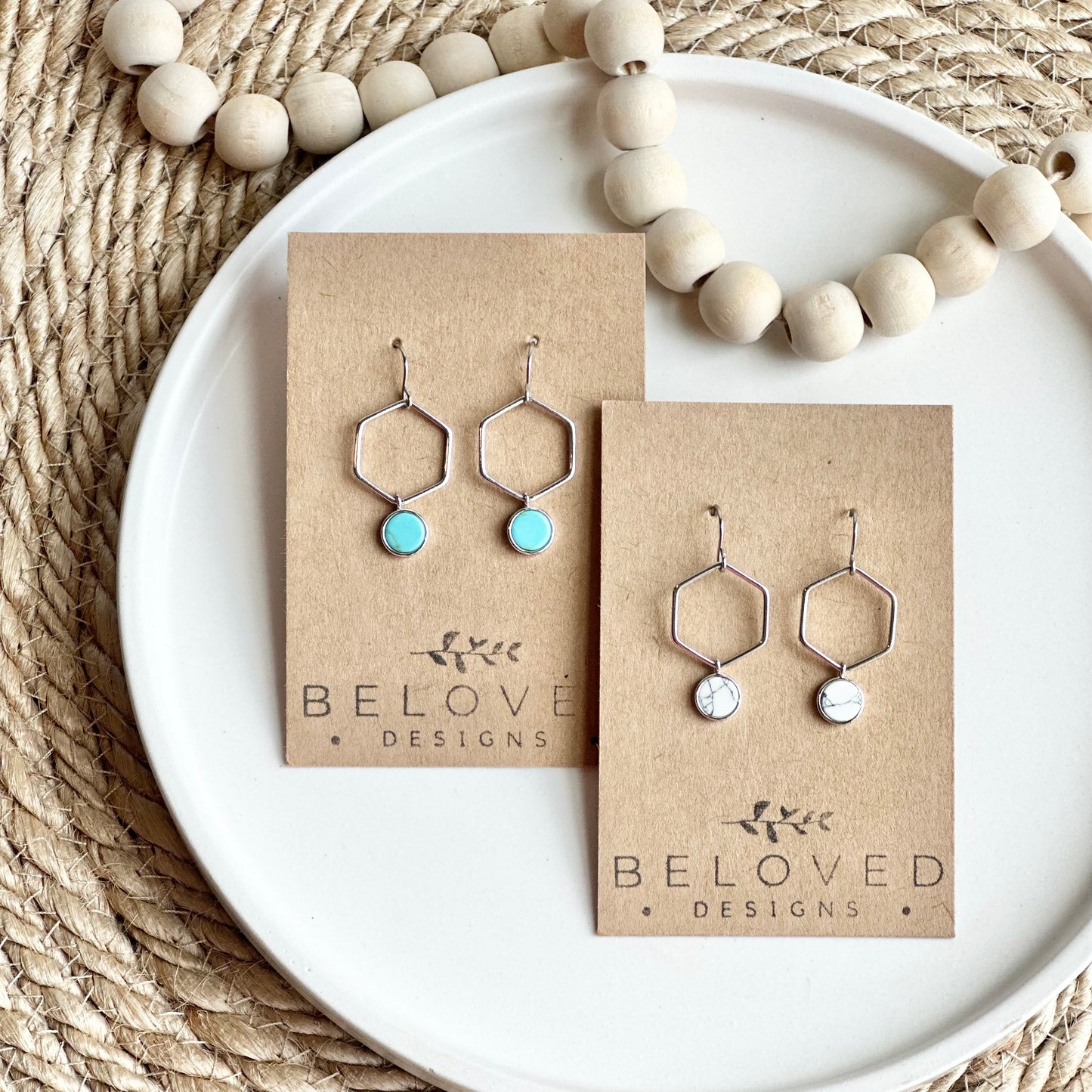 Rhodium Hexagon + Howlite Earrings